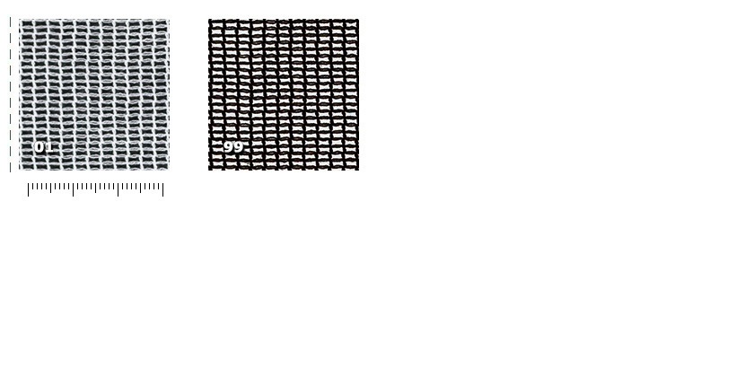 BSUP - Super Gobelin Teatro 01. blanco * (23 m)99. negro * (47 m) La lnea roja rasgueada identifica la posicin del orillo con respecto a la malla.* disponibilidad limitada a la cantidad indicada