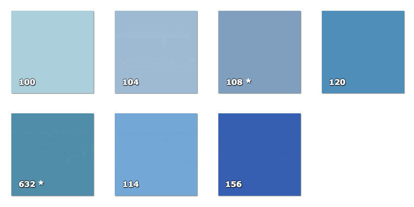 QLA - Laccato 100. azul Columbia104. azul polvo108. azul denim * (60 m)114. azul120. azul Dodger156. azul de Francia632. turquesa * (82 m)* disponibilidad limitada a la cantidad indicada