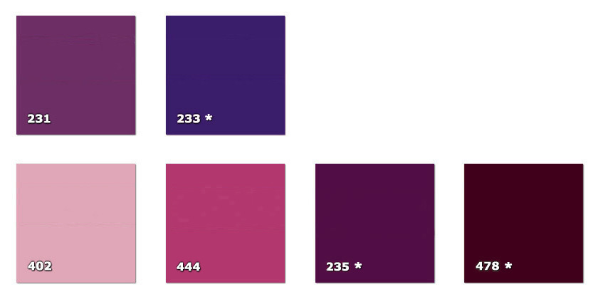 QLA - Laccato 231. violeta233. violeta oscuro * (58 m)235. burdeos * (235 m)402. rosa444. rosa oscuro478. burdeos oscuro * (117 m)* disponibilit limitata alla quantit indicata