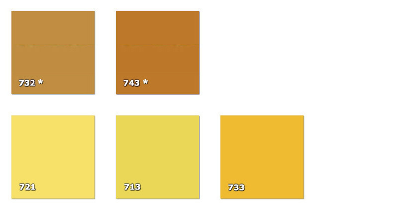 QLA - Laccato 713. amarillo721. amarillo limn732. ocre * (30 m)733. amarillo oro743. marrn claro * (18 m)* disponibilidad limitada a la cantidad indicada