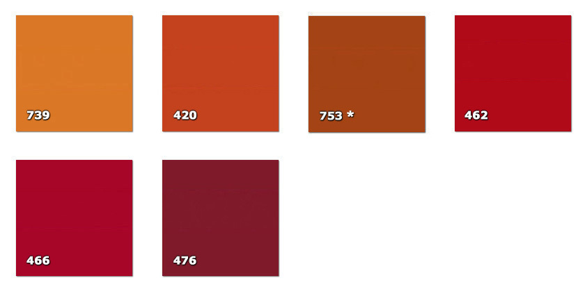 QLA - Laccato 420. laranja escuro462. vermelho466. vermelho cardeal476. amaranto escuro739. alaranjado753. ferrugem * (80 m)* disponibilidade limitada  quantidade indicada