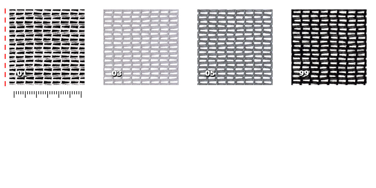 BGO - Gobelin 01. bianco03. grigio05. holo grey99. neroLa linea rossa tratteggiata identifica la posizione della cimosa rispetto alla maglia.