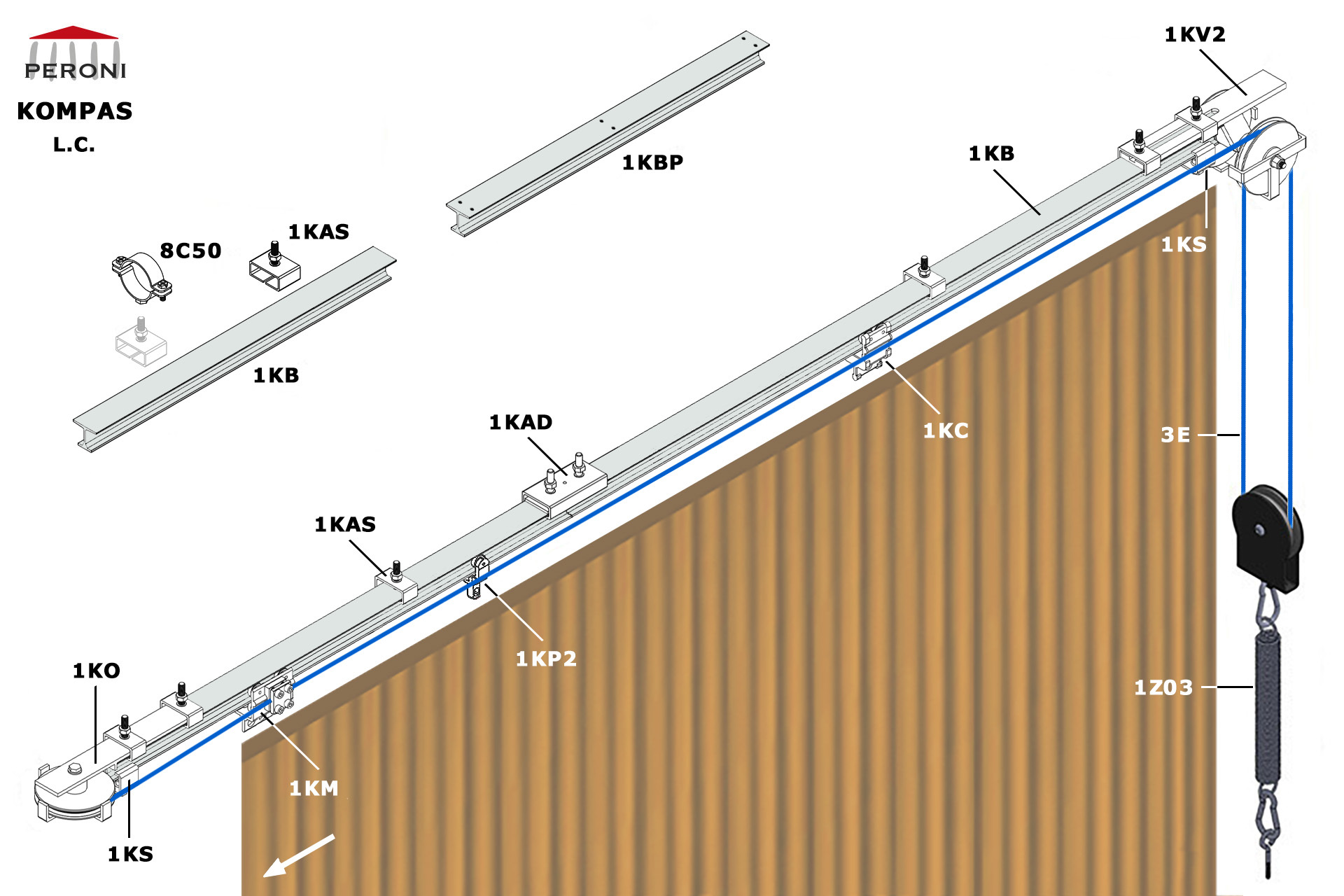 Strada configurazione L.C. L. Apertura lateraleC. Manuale con cordaComponenti1KB - Binario diritto1KAG - Connessione1KS - Stop1KM - Carrello motrice1T13 - Carrello 2 ruote1KO - Carrucola orizzontale1KV2 - Carrucola doppia1Z03 - Vedi tutte le opzioni3E-CordapoliestereFissaggio1KBP - Binario diritto preforato1KAS - Attacco sospensione8C50-Collarea2foriKompas
