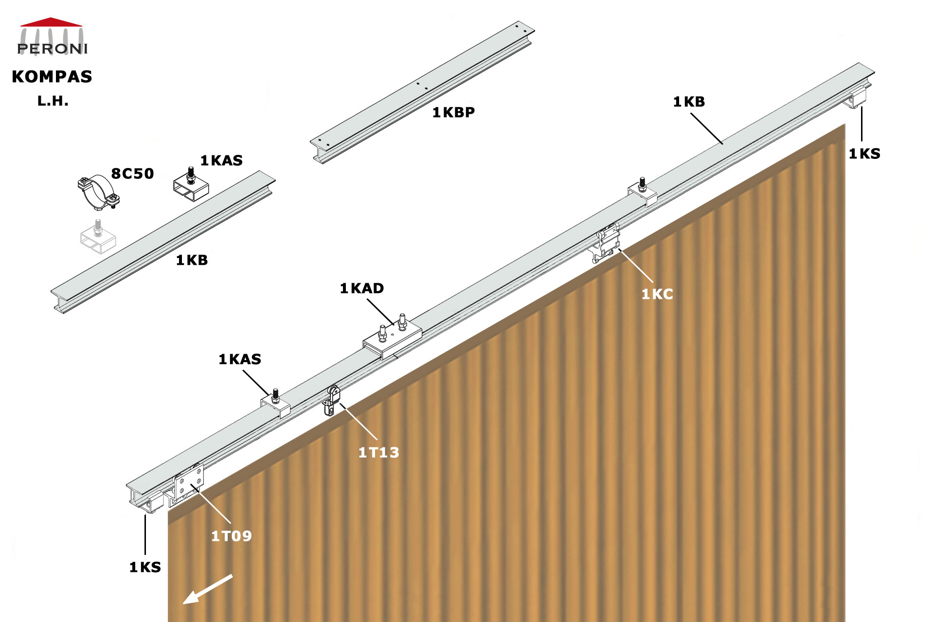 Strada configurazione L.H. L. Apertura lateraleH. Manuale senza cordaConfigurazione possibile anche con binario curvatoComponenti1MBP - Binario diritto preforato1ZJP - Spina di collegamento1MS - Stop1MM - Carrello motrice1MC - Carrello 2 ruote1MCGanFissaggio1MBP - Binario diritto preforato1KAS - Attacco sospensione8C50-Collarea2foriKompas