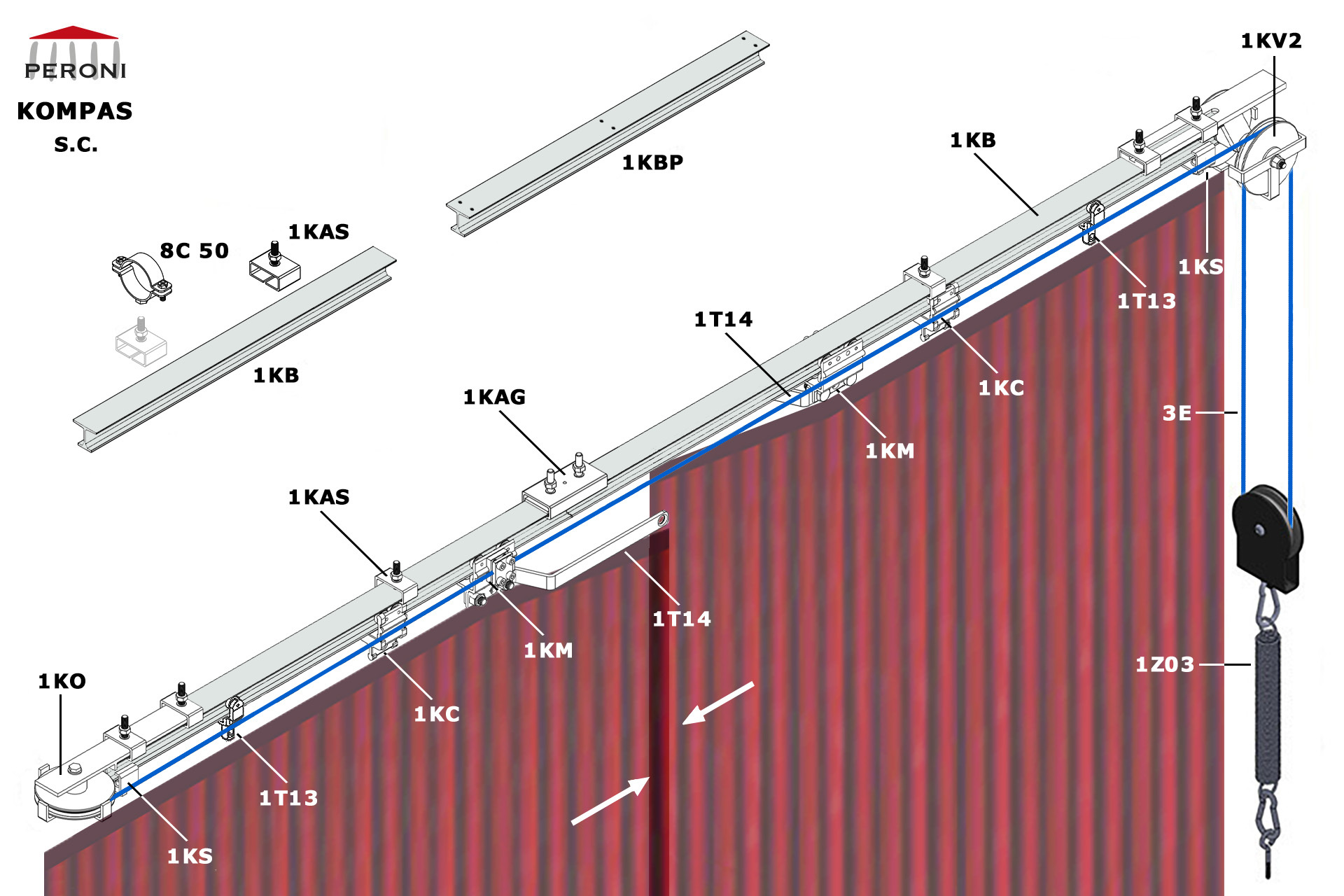 Strada configurazione S.C. S. Apertura centrale binario singoloC. Manuale con cordaper sovrapposizione fino a 50 cmComponenti1KB - Binario diritto1KAG - Connessione1KS - Stop1KM - Carrello motrice1T14 - Braccio di sormonto1T13 - Carrello 2 ruote1KO - Carrucola orizzontale1KV2 - Carrucola doppia1Z03 - Vedi tutte le opzioni3E-CordapoliestereFissaggio1KBP - Binario diritto preforato1KAS - Attacco sospensione8C50-Collarea2foriKompas