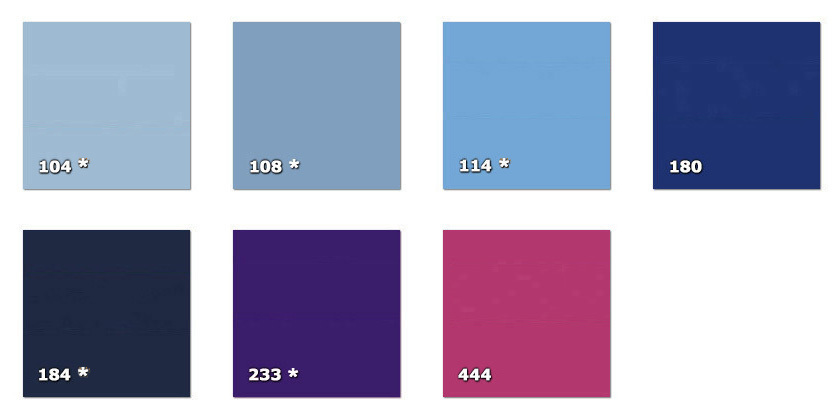 QLA - Laccato 104. azzurro polvere * (79 m)108. blu denim * (60 m)114. azzurro * (199 m)180. blu184. blu notte * (78 m)233. viola scuro * (58 m)444. rosa scuro* disponibilità limitata alla quantità indicata