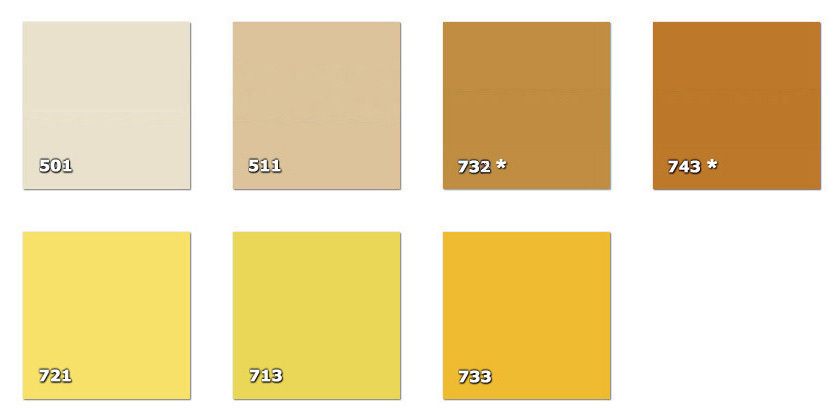 QLA - Laccato 501. panna511. beige scuro713. giallo721. giallo limone732. ocra * (30 m)733. giallo oro743. marrone chiaro * (18 m)* disponibilit limitata alla quantit indicata