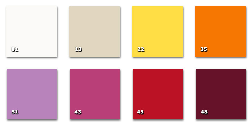 TCA - Capriccio 01. bianco13. beige22. giallo35. arancione43. fucsia45. rosso48. bordeaux51. lilla