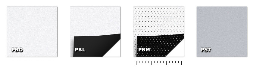 Pantallas de proyección frontal PBO - Bianco OtticoPBL-BlackoutPBM-BlackoutMicroforatoPST-Stormy