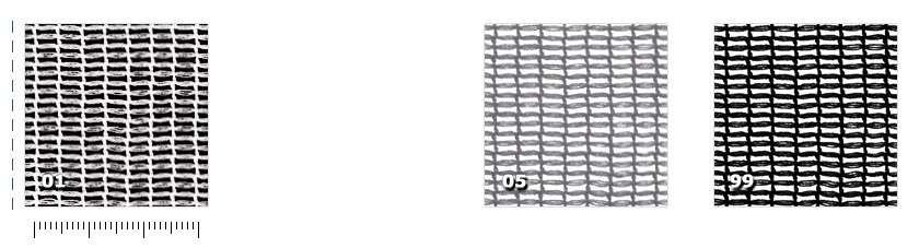 BGOP - Gobelin Teatro 01. blanco05. holo grey * (15 + 9 m)99. negro* disponibilidad limitada a la cantidad indicadaLa línea roja rasgueada identifica la posición del orillo con respecto a la malla.