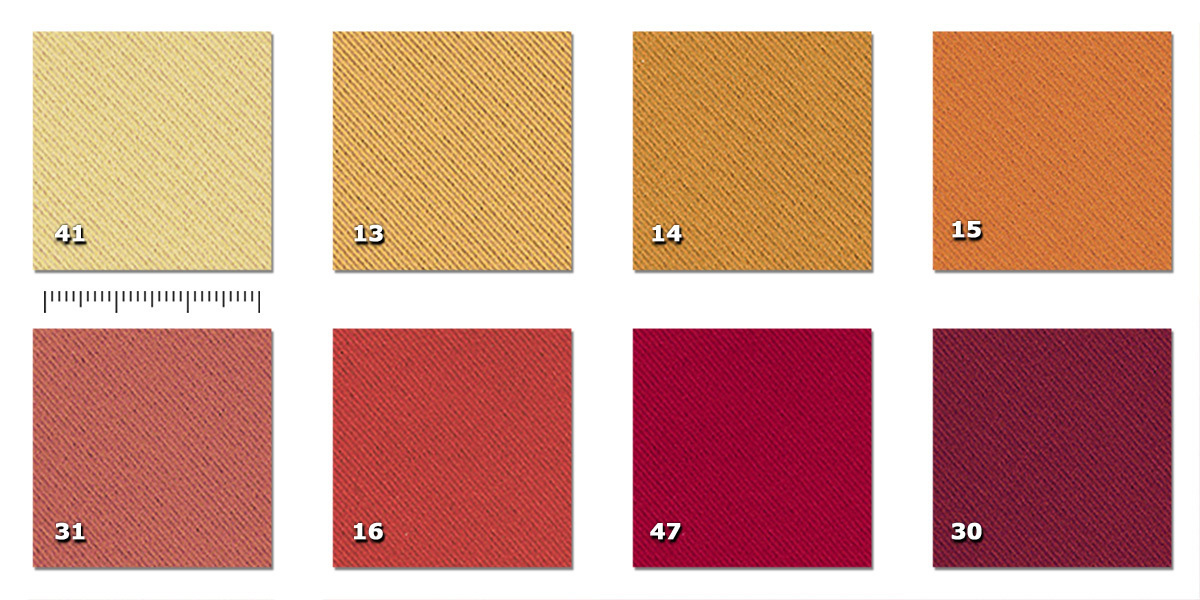 HSS - Shelter 13. amarillo oro*14. amarillo mostaza* 15. anaranjado*16. anaranjado oscuro*30. rub31. rojo anaranjado*41. amarillo claro*47. rojo prpura* pedido mnimo  30 m