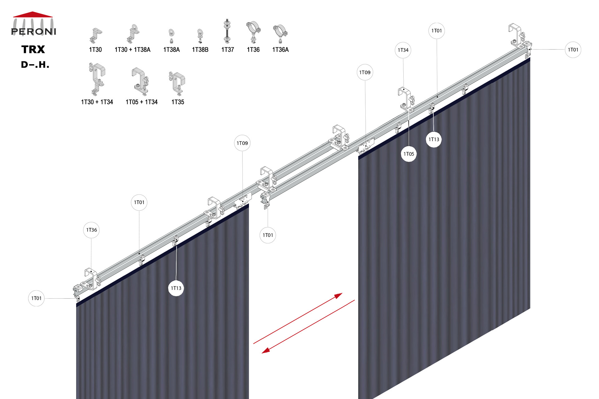 Patience configuration D.H. D. Ouverture centrale rail double droitH. Manuelle sans corde ( au jet )recouvrement central suprieur  50 cmComposants 1T01 - Rail droit1T02 - Raccordement1T03 - Bute1T04 - Plaque entretoise1T09 - Chariot entraneur1T13 - Chariot 2 roues
