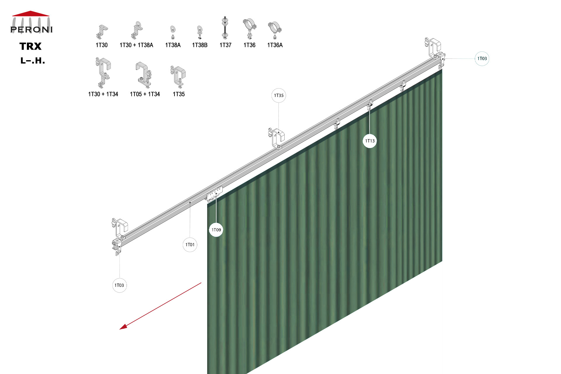 Patience configuration L.H. L. Ouverture latrale rail droitH. Manuelle sans corde ( au jet )Composants1T01 - Rail droit1T02 - Raccordement1T03 - Bute1T09 - Chariot entraneur1T13 - Chariot 2 roues