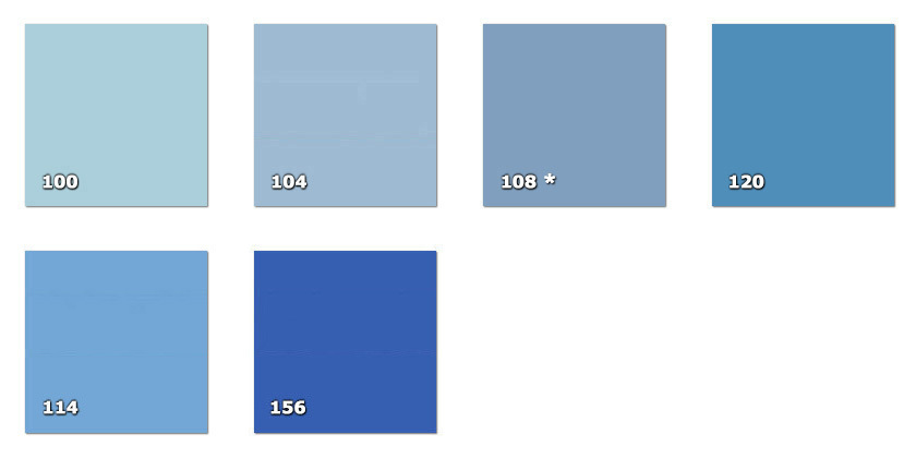 QLA - Laccato 100. bleu Columbia104. bleu poussi�re108. denim bleu * (60 m)114. bleu120. bleu Dodger156. bleu de France* disponibilit� limit�e � la quantit� indiqu�e