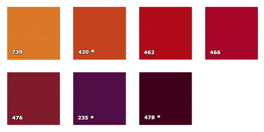QLA - Laccato 235. bordeaux * (149 m)420. orange fonc� * (120 m)462. rouge466. rouge cardinal476. amarante fonc�478. bordeaux fonc� * (59 m)739. orange* disponibilit� limit�e � la quantit� indiqu�e