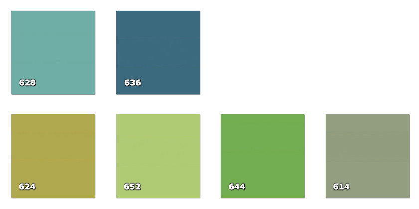 QLA - Laccato 614. vert-gris624. vert-jaune628. verte savane clair636. bleu-vert644. vert clair652. vert pois
