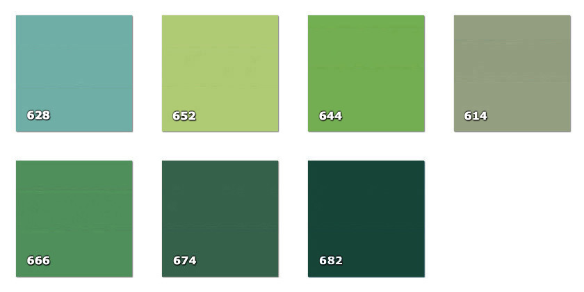 QLA - Laccato 614. vert-gris628. verte savane clair644. vert clair652. vert pois666. vert drapeau674. vert bouteille682. vert bouteille fonc