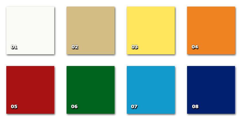 TIR - Iris 01. blanc02. beige03. jaune04. orange05. rouge06. vert07. bleu clair08. bleu