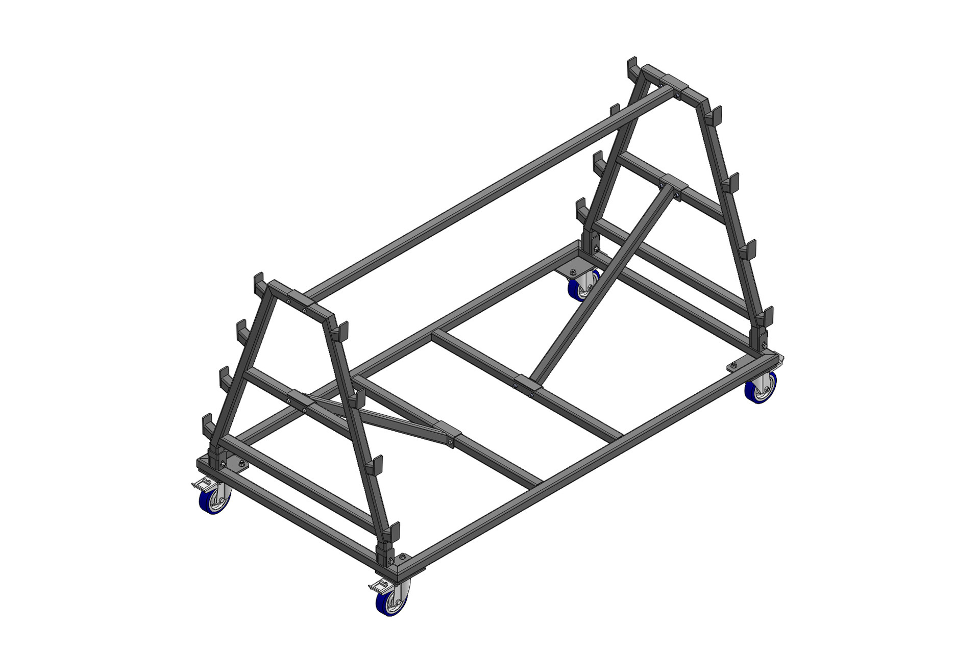 ... novamente a ttulo de exemplo, o carrinho pode transportar 8 rolos de 14 m de tapete TSI - Silvia 2.0 que, tendo uma espessura de 2 mm, teriam um peso total de 65 kg cada.A estrutura do carrinho tem 115 cm de altura, 100 cm de largura e 230 cm de comprimento com os tubos ...