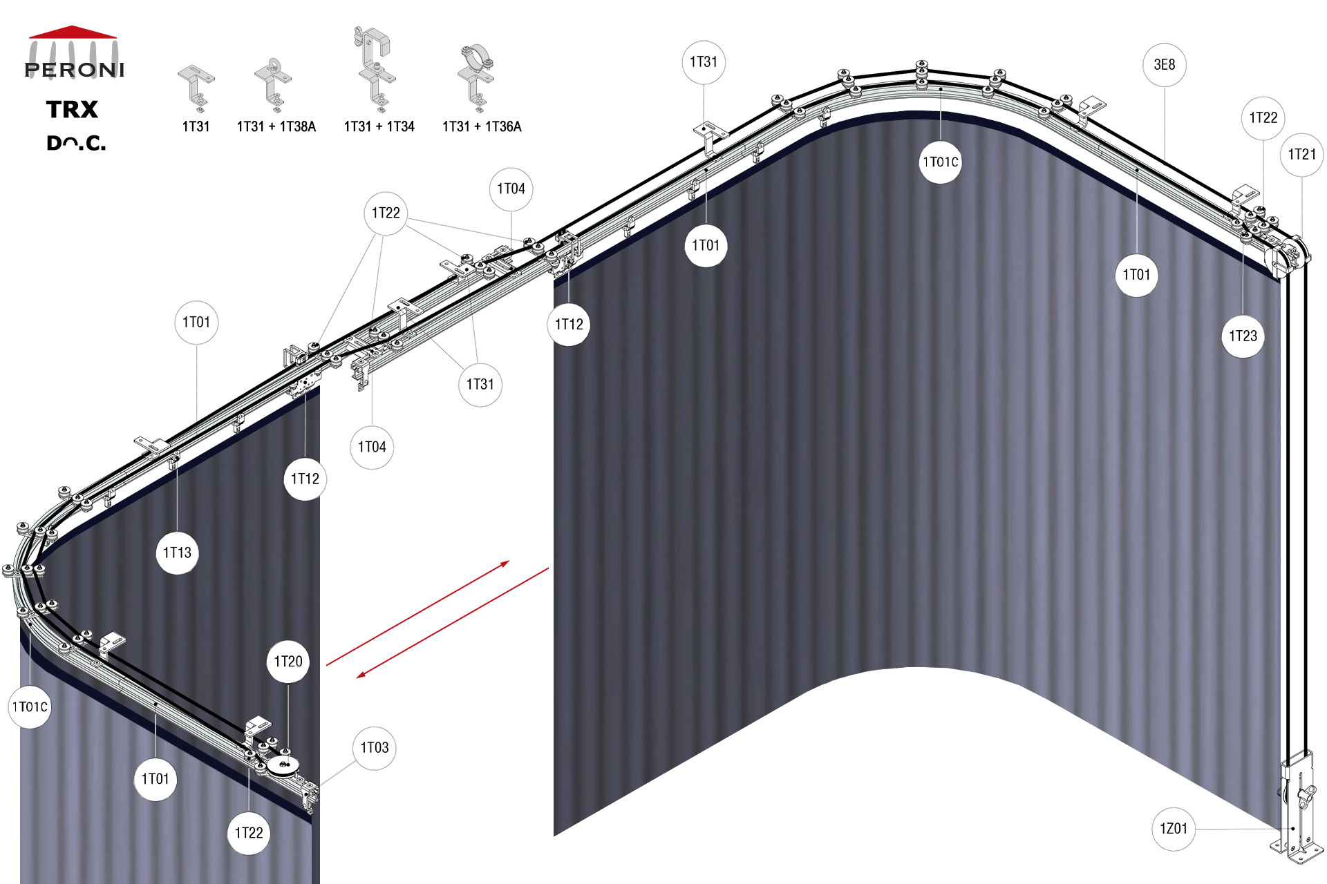 Dᴖ.C. configuration track Dᴖ. Curved double rail central openingC. Corded manualcentral overlap exceeding 50 cmComponents1T01 - Straight rail1T01C - Curved rail1T02 - Connection set1T03 - End stop1T04 - Spacer plate1T12 - Top cord master carrier1T13 - 2 wheel runnerMotion control1T20 - Horizontal pulley1T21 - Double pulley1T22 - Top cord guide1T23 - Double pulley cord aligner1Z01 - See all options3E - Frânghie Poly Ø 8 mm