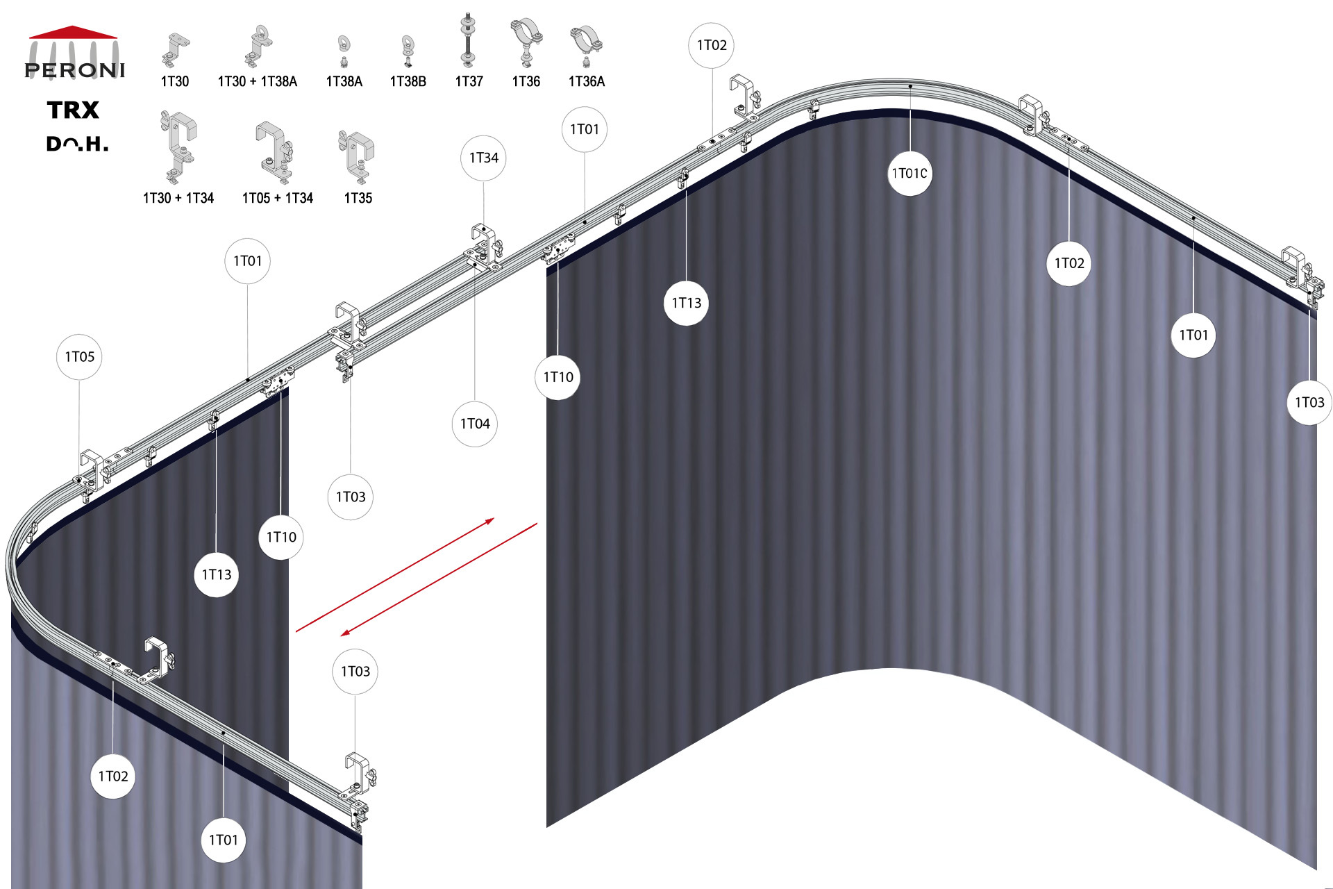 Dᴖ.H. configuration track Dᴖ. Curved double rail central openingH. Hand pulled uncorded walk-alongcentral overlap exceeding 50 cmComponents1T01 - Straight rail1T01C - Curved rail1T02 - Connection set1T03 - End stop1T04 - Overlap bridge1T10 - Master carrier1T13 - 2 Wheel runner
