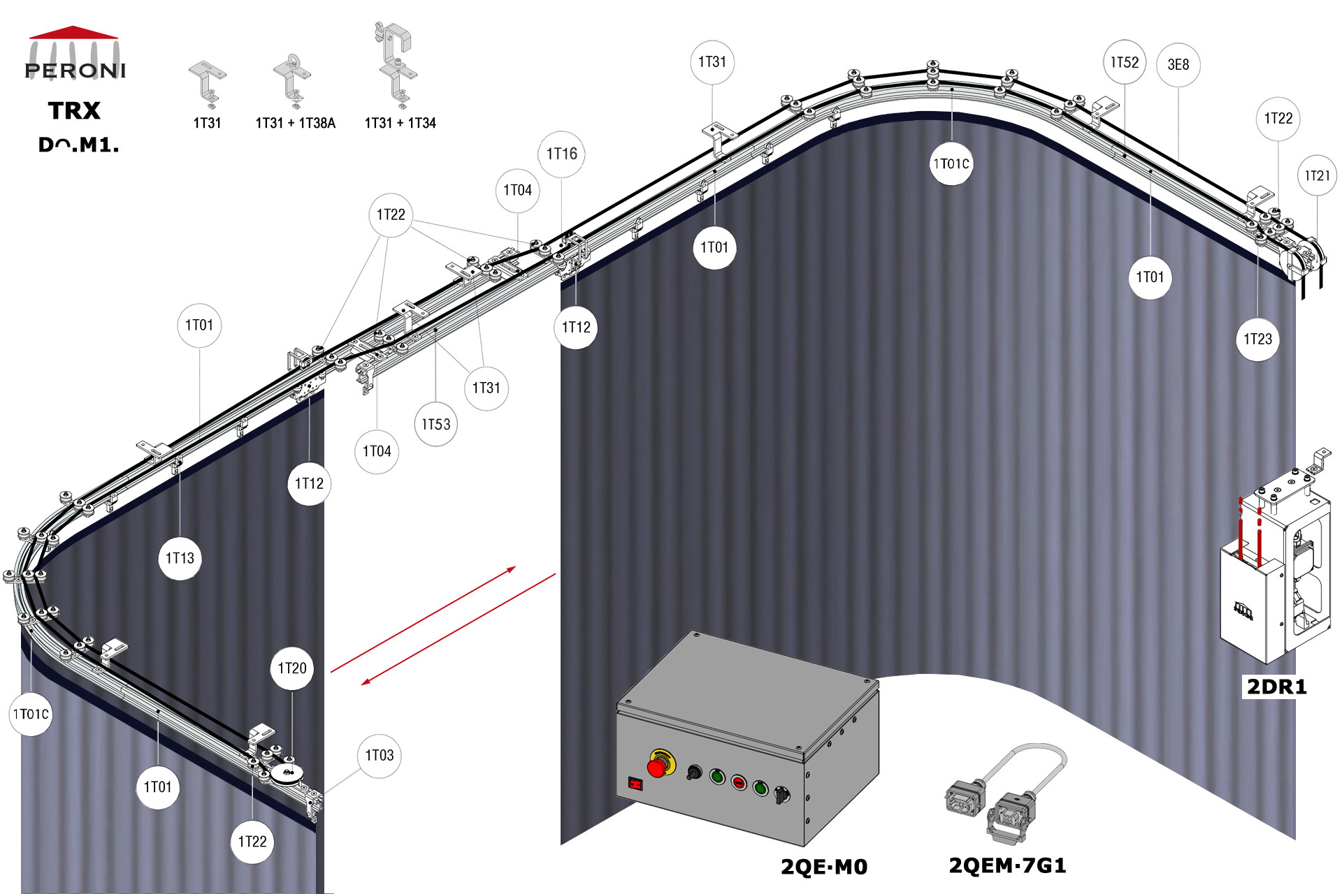 Dᴖ.M1. configuration track Dᴖ. Straight double rail central openingM1. Motorized, up to 200 kg curtaincentral overlap exceeding 50 cmComponents1T01 - Straight rail1T01C - Curved rail1T02 - Connection set1T03 - End stop1T04 - Overlap bridge1T12 - Top cord master carrier1T13 - 2 Wheel runnerMotion control1T20 - Horizontal pulley1T21 - Double pulley1T22 - Top cord guide1T23 - Double pulley cord aligner1T16 - Top cord limit switch arm1T52 - Top cord limit switch with pulley1T53 - Top cord limit switch2DR1-RDS2QEM-7G1-152QEW - Panou de comanda W 3E - Frânghie Poly Ø 8 mm