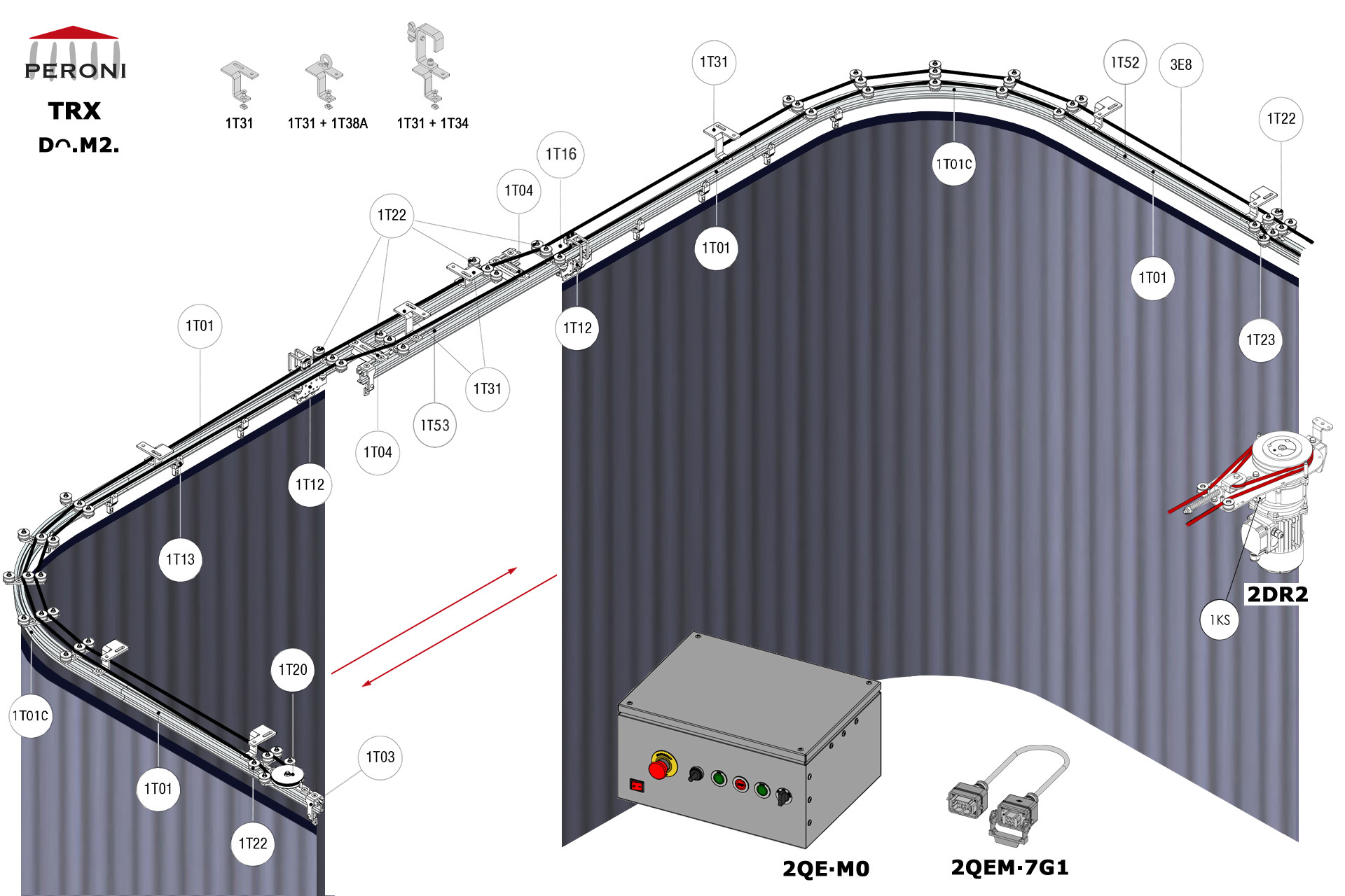 Dᴖ.M2. configuration track Dᴖ. Straight double rail central openingM2. Motorized, up to 100 kg curtaincentral overlap exceeding 50 cmComponents1T01 - Straight rail1T01C - Curved rail1T02 - Connection set1T03 - End stop1KS - End stop1T04 - Overlap bridge1T12 - Top cord master carrier1T13 - 2 Wheel runnerMotion control1T20 - Horizontal pulley1T22 - Top cord guide1T23 - Double pulley cord aligner1T16 - Top cord limit switch arm1T52 - Top cord limit switch with pulley1T53 - Top cord limit switch2DR2-RDS2QEM-7G1-152QEW - Panou de comanda W 3E - Frânghie Poly Ø 8 mm