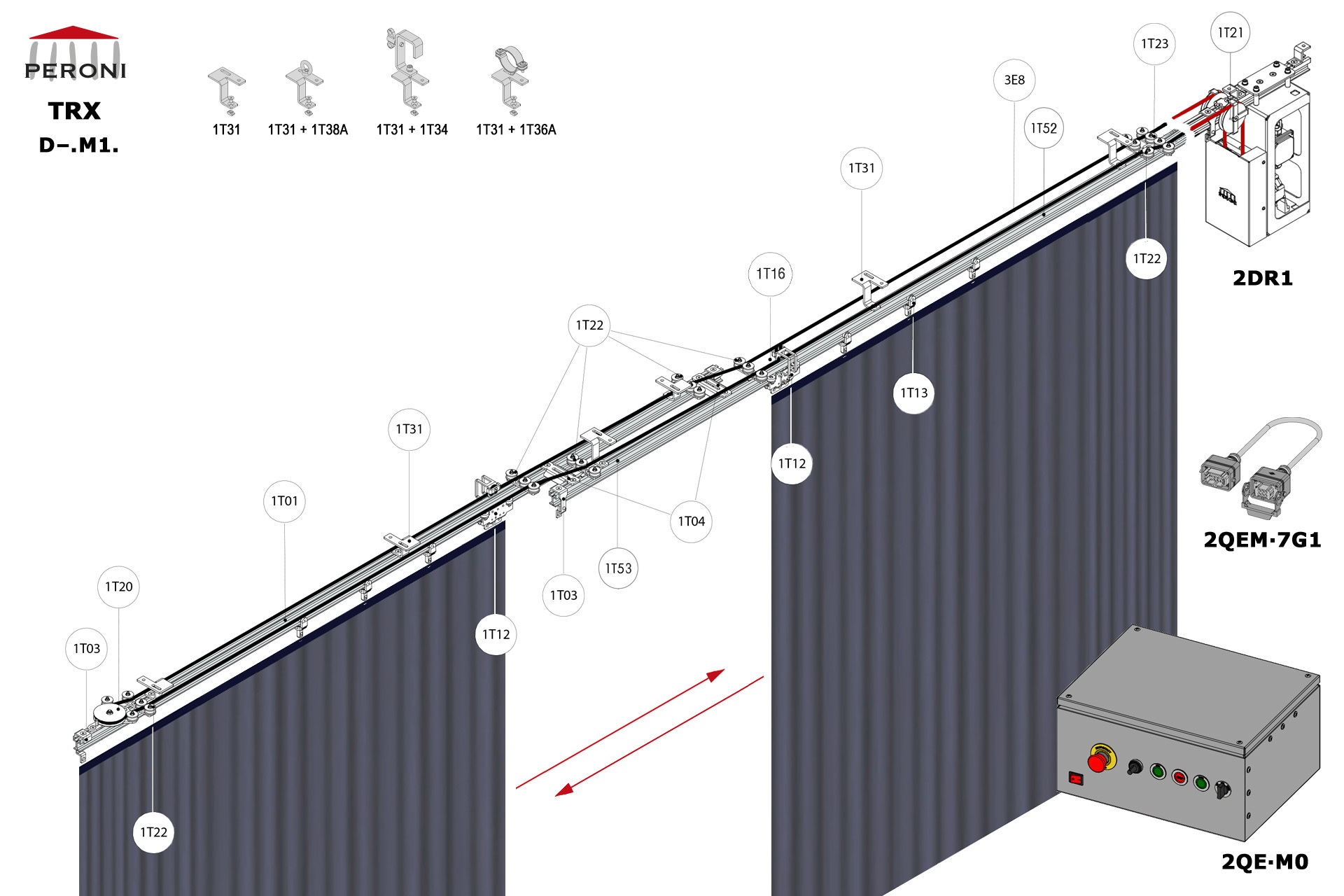 D-.M1. configuration track D-. Straight double rail central openingM1. Motorized, up to 300 kg curtaincentral overlap exceeding 50 cmComponents1T01 - Straight rail1T02 - Connection set1T03 - End stop1T04 - Overlap bridge1T12 - Top cord master carrier1T13 - 2 Wheel runnerMotion control1T20 - Horizontal pulley1T21 - Double pulley1T22 - Top cord guide1T23 - Double pulley cord aligner1T16 - Top cord limit switch arm1T52 - Top cord limit switch with pulley1T53 - Top cord limit switch2DR1-RDS2QEM-7G1-152QEW - Panou de comanda W 3E - Frânghie Poly Ø 8 mm