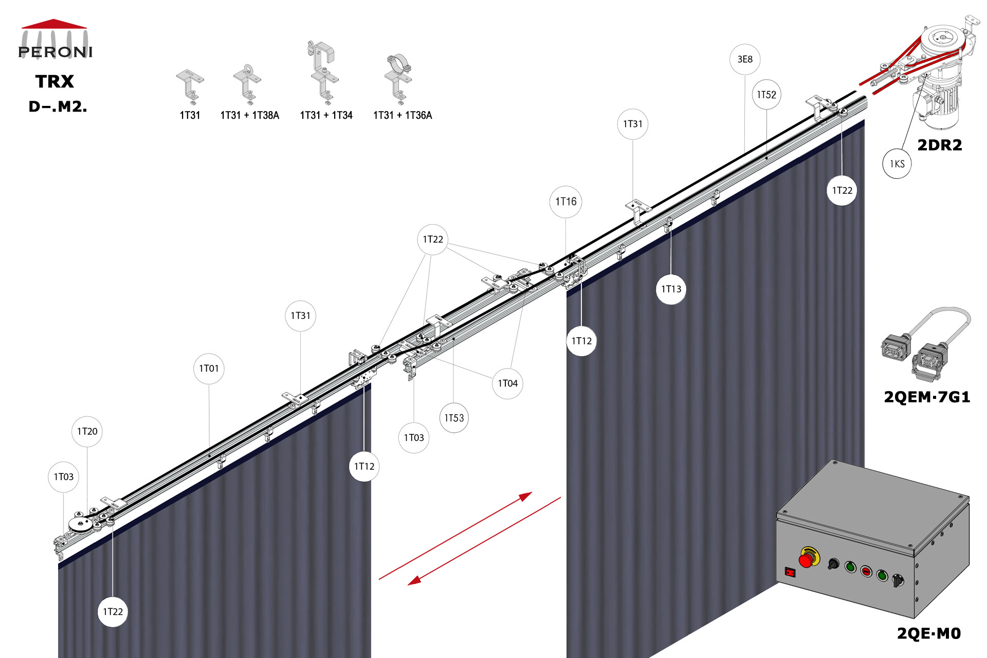 D-.M2. configuration track D-. Straight double rail central openingM2. Motorized, up to 125 kg curtaincentral overlap exceeding 50 cmComponents1T01 - Straight rail1T02 - Connection set1T03 - End stop1KS - End stop1T04 - Overlap bridge1T12 - Top cord master carrier1T13 - 2 Wheel runnerMotion control1T20 - Horizontal pulley1T22 - Top cord guide1T23 - Double pulley cord aligner1T16 - Limit switch arm for 1T12+1T52+1T531T52 - Top cord limit switch with pulley1T53 - Top cord limit switch2DR2-RDS2QEM-7G1-152QEW - Panou de comanda W 3E - Frânghie Poly Ø 8 mm