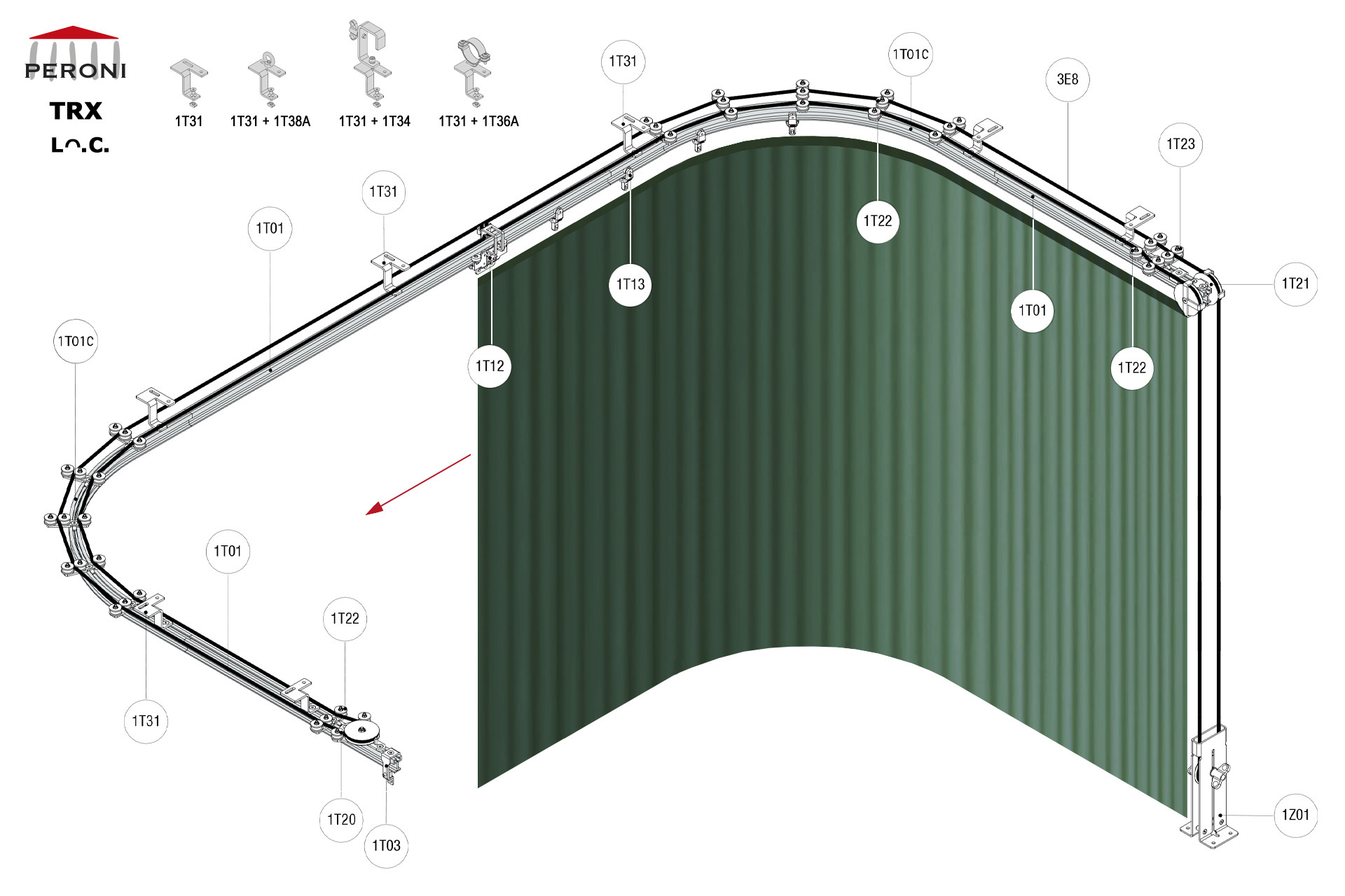 Lᴖ.C. configuration track Lᴖ. Curved rail side openingC. Corded manualComponents1T01 - Straight rail1T01C - Curved rail1T02 - Connection set1T03 - End stop1T12 - Top cord master carrier1T13 - 2 Wheel runnerMotion control1T20 - Horizontal pulley1T21 - Double pulley1T22 - Top cord guide1T23 - Double pulley cord aligner1Z01 - See all options3E - Frânghie Poly Ø 8 mm