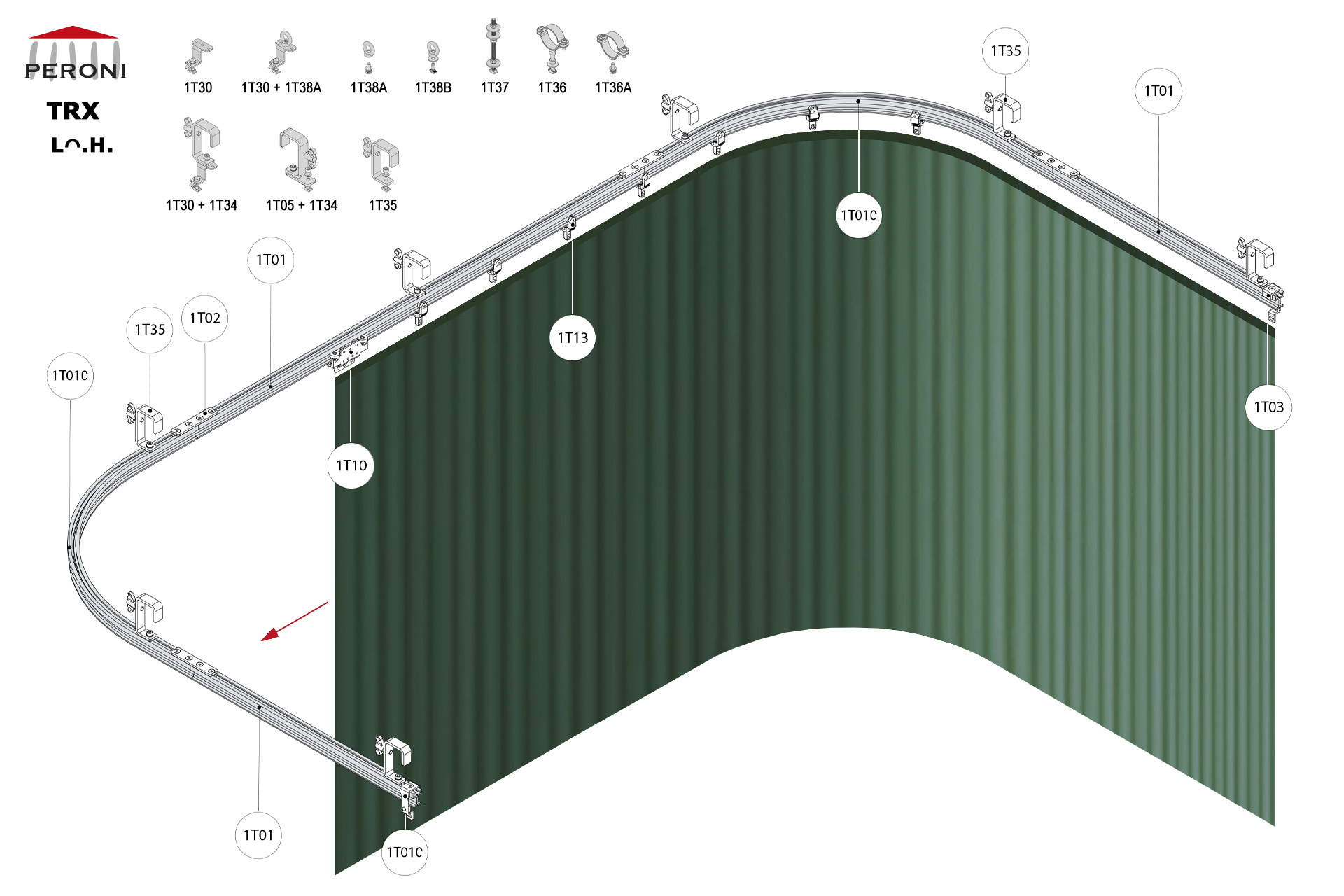 Lᴖ.H. configuration track Lᴖ. Curved rail side openingH. Hand pulled uncorded walk-alongComponents1T01 - Straight rail1T01C - Curved rail1T02 - Connection set1T03 - End stop1T10 - Master carrier1T13 - 2 Wheel runner