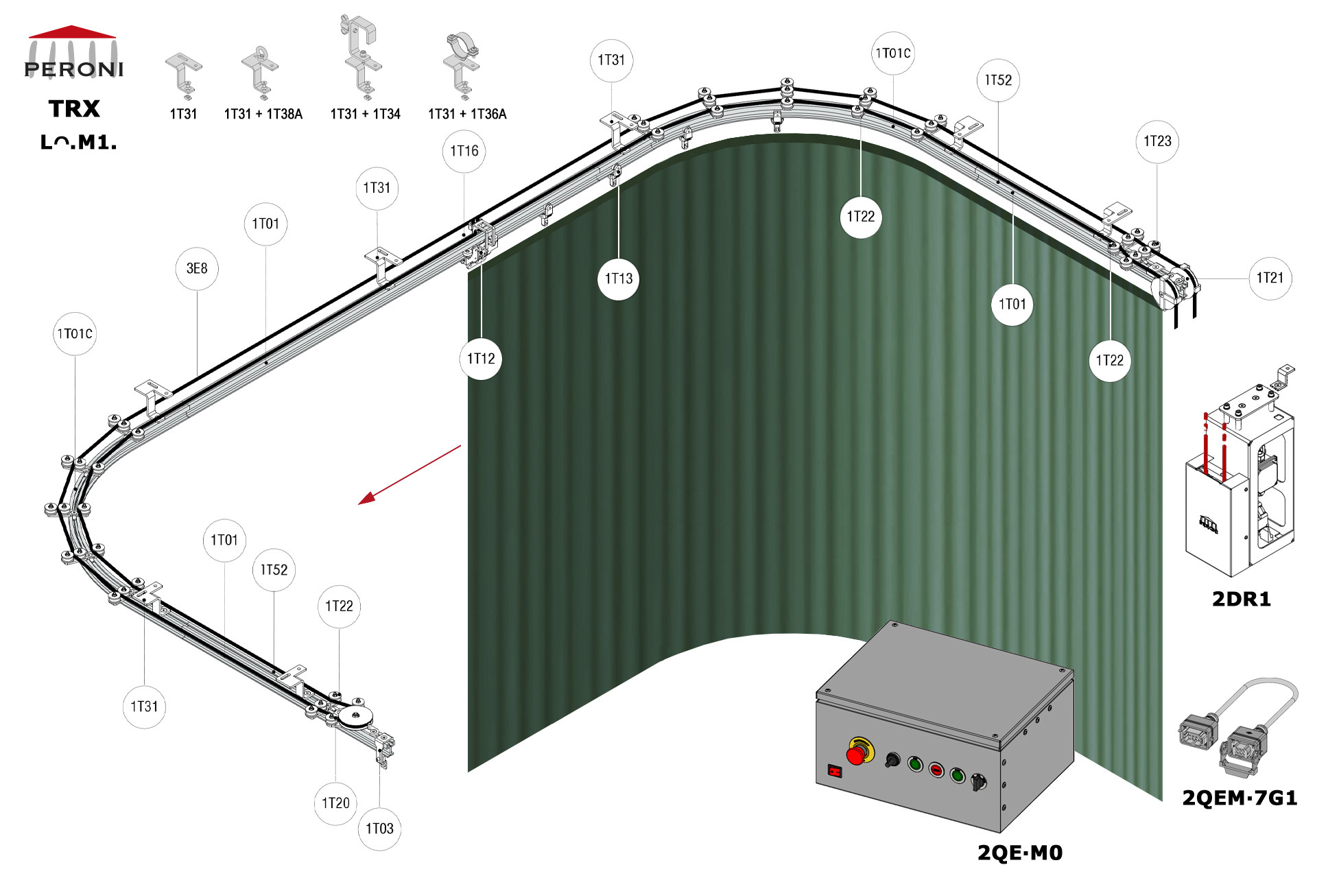 Lᴖ.M1. configuration track Lᴖ. Curved rail side openingM1. Motorized, up to 200 kg curtainComponents1T01 - Straight rail1T01C - Curved rail1T02 - Connection set1T03 - End stop1T12 - Top cord master carrier1T13 - 2 Wheel runnerMotion control1T20 - Return pulley1T21 - Head double pulley1T22 - Top cord guide1T23 - Top cord aligner1T16 - Top cord limit switch arm1T52 - Top cord limit switch with pulley2DR1-RDS2QEM-7G1-152QEW - Panou de comanda W 3E - Frânghie Poly Ø 8 mm