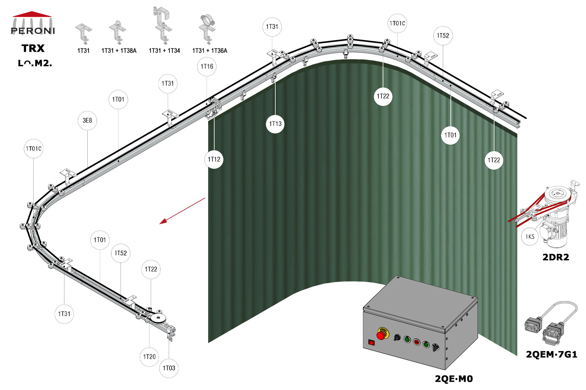 Lᴖ.M2. configuration track Lᴖ. Curved rail side openingM2. Motorized, up to 100 kg curtainComponents1T01 - Straight rail1T01C - Curved rail1T02 - Connection set1T03 - End stop1KS - End stop1T12 - Top cord master carrier1T13 - 2-wheel runnerMotion control1T20 - Return pulley1T22 - Top cord guide1T23 - Top cord aligner1T16 - Top cord limit switch arm1T52 - Top cord limit switch with pulley2DR2-RDS2QEM-7G1-152QEW - Panou de comanda W 3E - Frânghie Poly Ø 8 mm