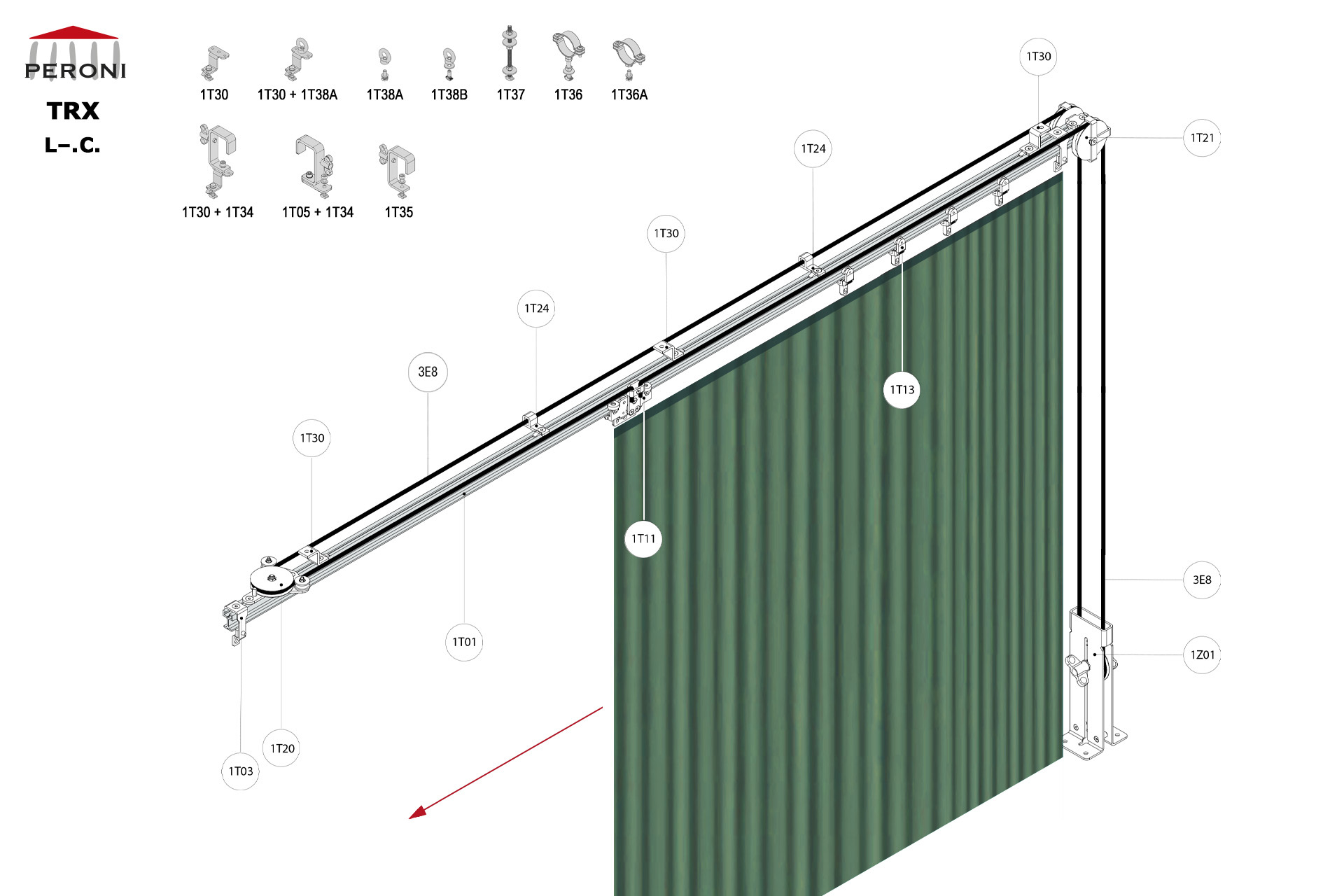 L-.C. configuration track L-. Straight rail side openingC. Corded manualComponents1T01 - Straight rail1T02 - Connection set1T03 - End stop1T11 - Side cord master carrier1T13 - 2 Wheel runnerMotion control1T20 - Horizontal pulley1T21 - Double pulley1T24 - Side cord support1Z01 - See all options3E - Frânghie Poly Ø 8 mm