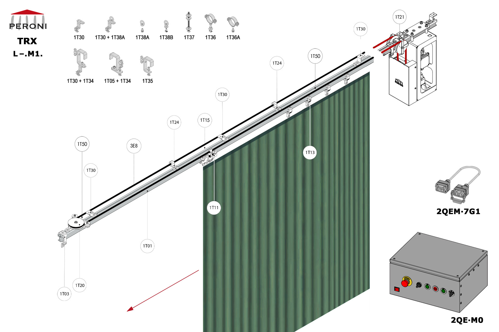 L-.M1. configuration track L-. Straight rail side openingM1. MotorizedComponents1T01 - Straight rail1T02 - Connection set1T03 - End stop1T11 - Side cord master carrier1T13 - 2 Wheel runnerMotion control1T20 - Horizontal pulley1T21 - Double pulley1T24 - Side cord support1T15 - Riscontro finec. per 1T11 + 1T501T50 - Finecorsa per 1T11 + 1T152DR1-RDS2QEM-7G1-152QEW - Panou de comanda W 3E - Frânghie Poly Ø 8 mm