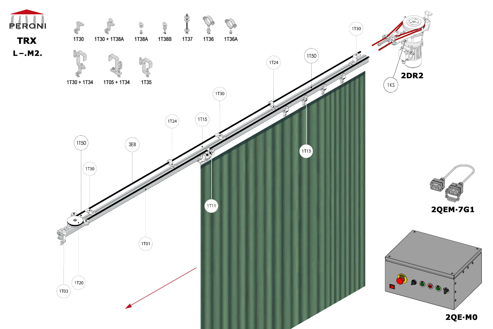 L-.M2. configuration track L-. Straight rail side openingM2. Motorized, up to 125 kg curtainComponents1T01 - Straight rail1T02 - Connection set1T03 - End stop1KS - End stop1T11 - Side cord master carrier1T13 - 2 Wheel runnerMotion control1T20 - Horizontal pulley1T24 - Side cord support1T15 - Riscontro finec. per 1T11 + 1T501T50 - Finecorsa per 1T11 + 1T152DR2-RDS2QEM-7G1-152QEW - Panou de comanda W 3E - Frânghie Poly Ø 8 mm