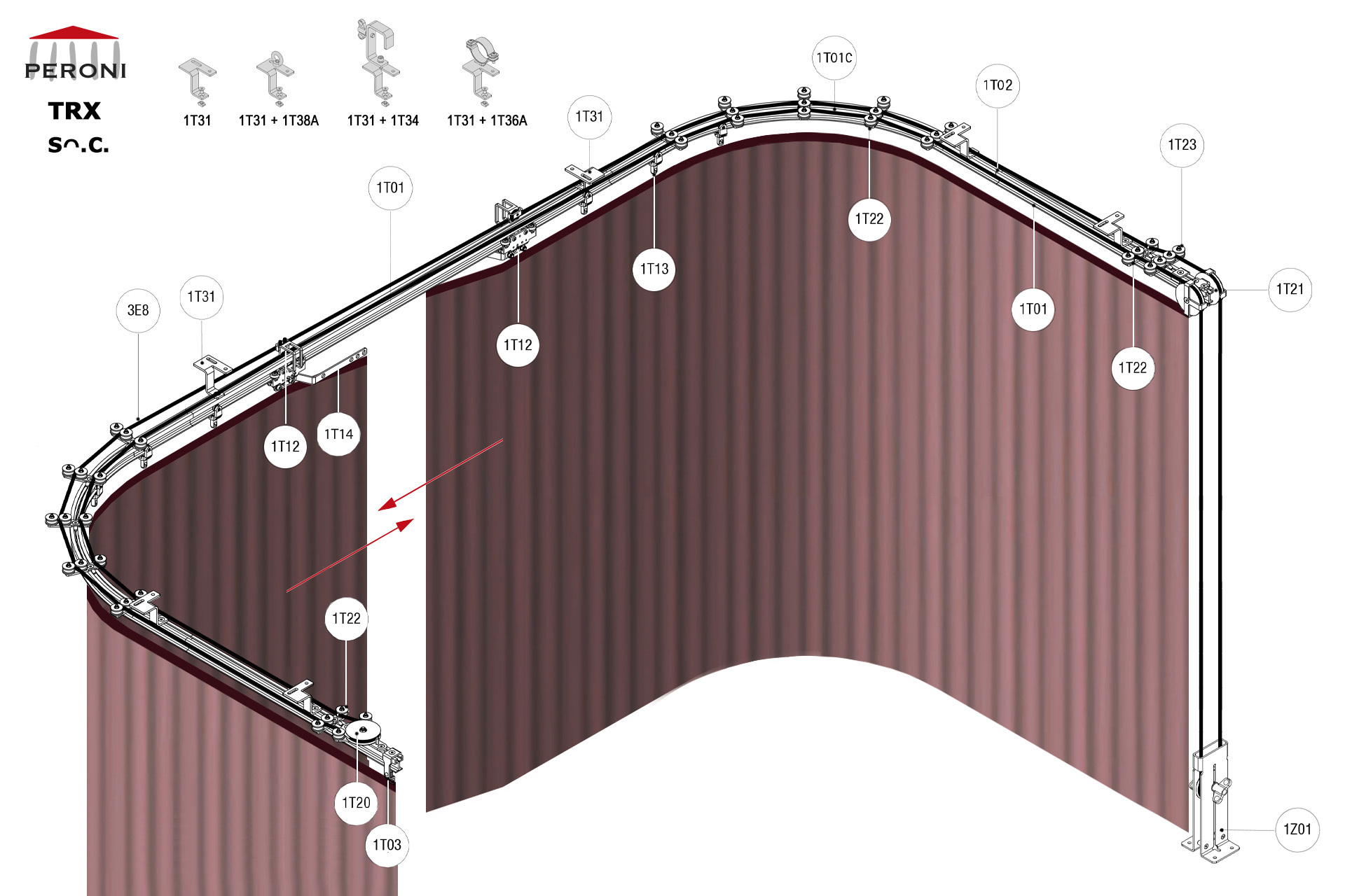 Sᴖ.C. configuration track Sᴖ. Curved single rail central openingC. Corded manualup to 50 cm central overlapComponents1T01 - Straight rail1T01C - Curved rail1T02 - Connection set1T03 - End stop1T12 - Top cord master carrier1T13 - 2 Wheel runner1T14 - Overlap arms kitMotion control1T20 - Horizontal pulley1T21 - Double pulley1T22 - Top cord guide1T23 - Double pulley cord aligner1Z01 - See all options3E - Frânghie Poly Ø 8 mm
