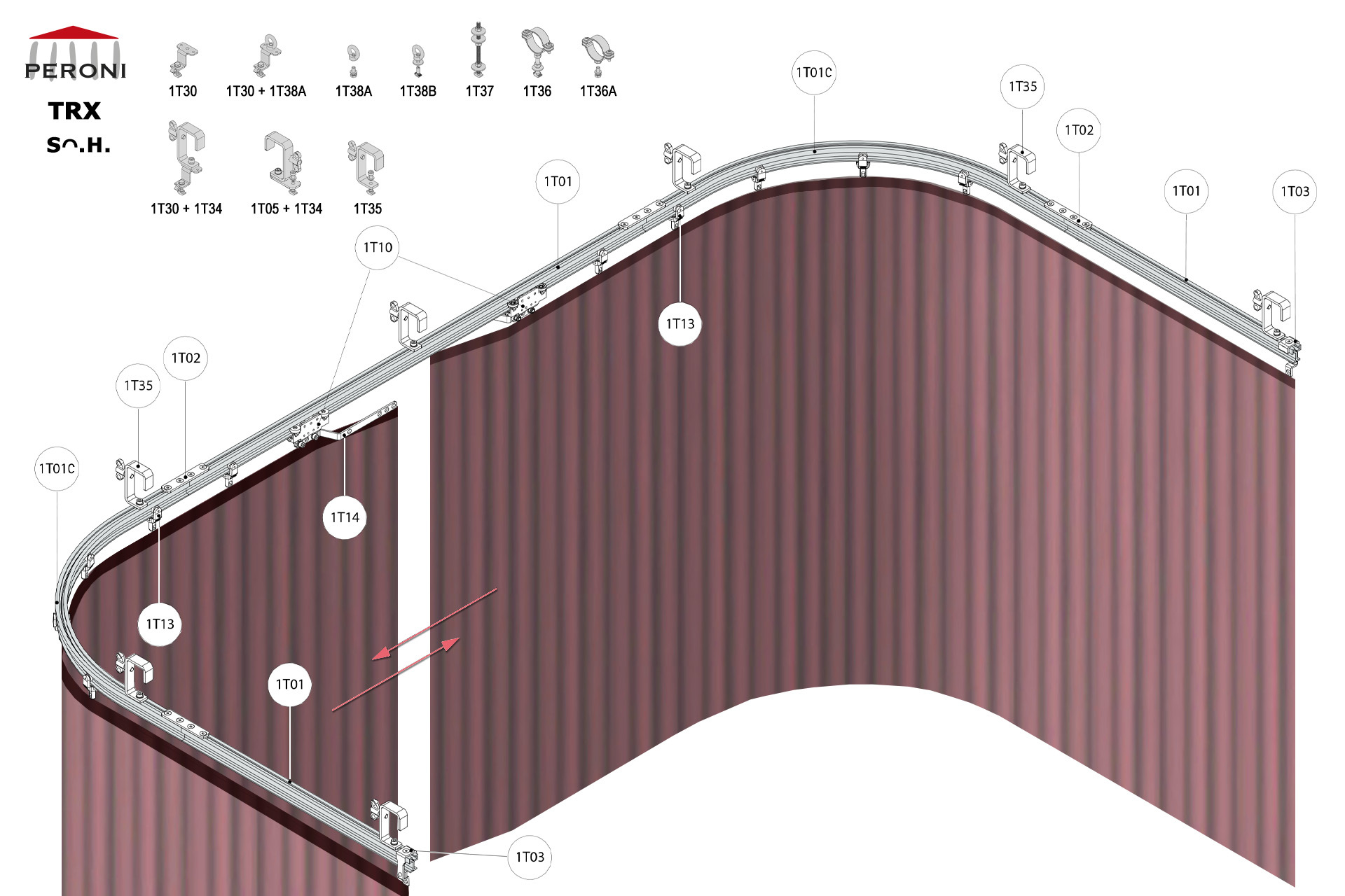 Track configurație Sᴖ.H.with U shaped curve Sᴖ. Single rail central openingH. Hand pulled uncorded walk-alongfor central overlap up to 50 cmComponents1T01 - Straight rail1T01C - Curved rail1T02 - Connection set1T03 - End stop1T10 - Master carrier1T13 - 2 Wheel runner1T14 - Overlap arms kit