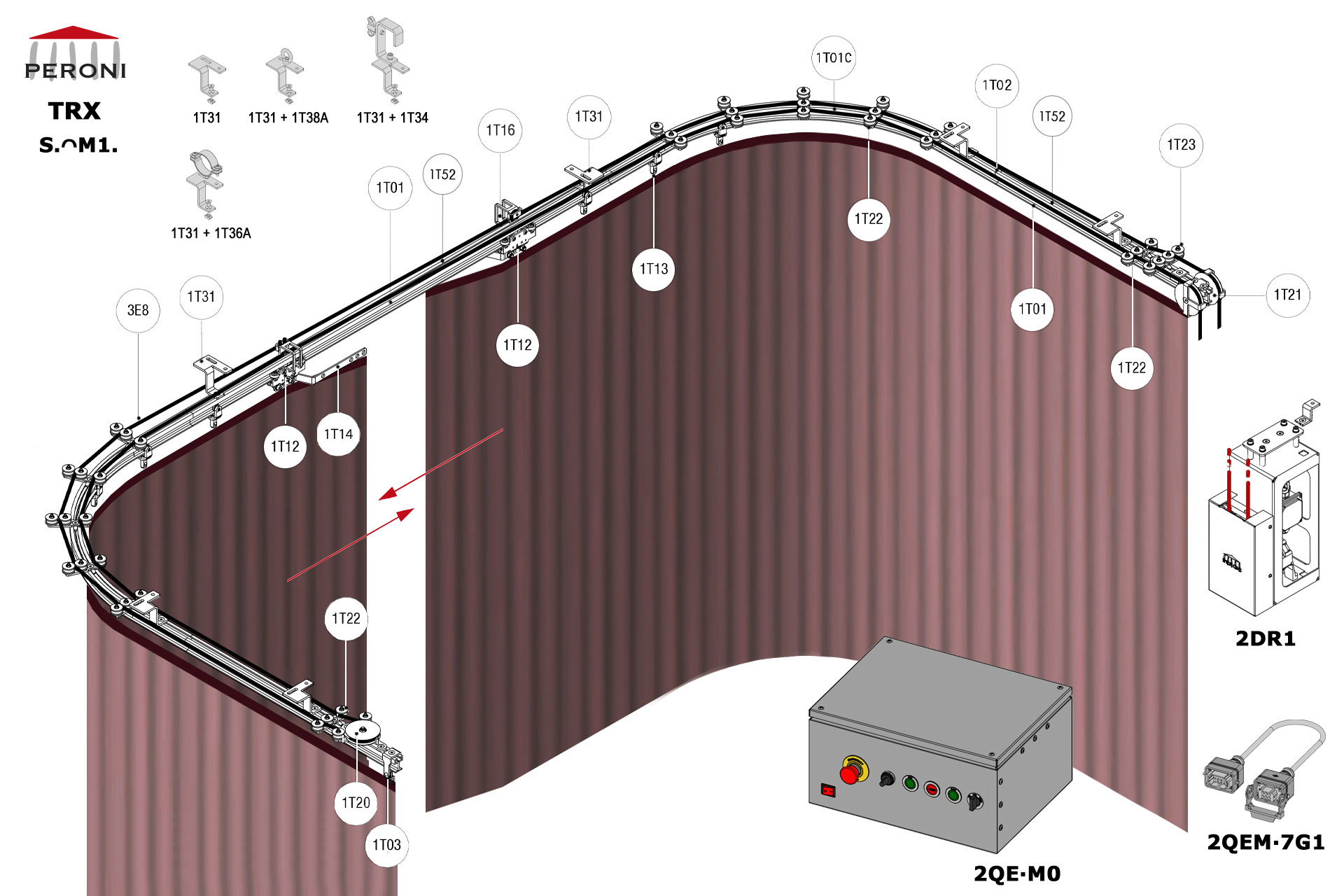 Sᴖ.M1. configuration track Sᴖ. Curved single rail central openingM1. Motorized, up to 200 kg curtainup to 50 cm central overlapComponents1T01 - Straight rail1T01C - Curved rail1T02 - Connection set1T03 - End stop1T12 - Top cord master carrier1T13 - 2 Wheel runner1T14 - Overlap arms kitMotion control1T20 - Horizontal pulley1T21 - Double pulley1T22 - Top cord guide1T23 - Double pulley cord aligner1T16 - Limit switch arm for 1T12+1T52+1T531T52 + 1T53 - Limit switch for 1T12+1T162DR1-RDS2QEM-7G1-152QEW - Panou de comanda W 3E - Frânghie Poly Ø 8 mmFixing1T31 - Top cord suspension bracket1T34 - Hook clamp + bolt