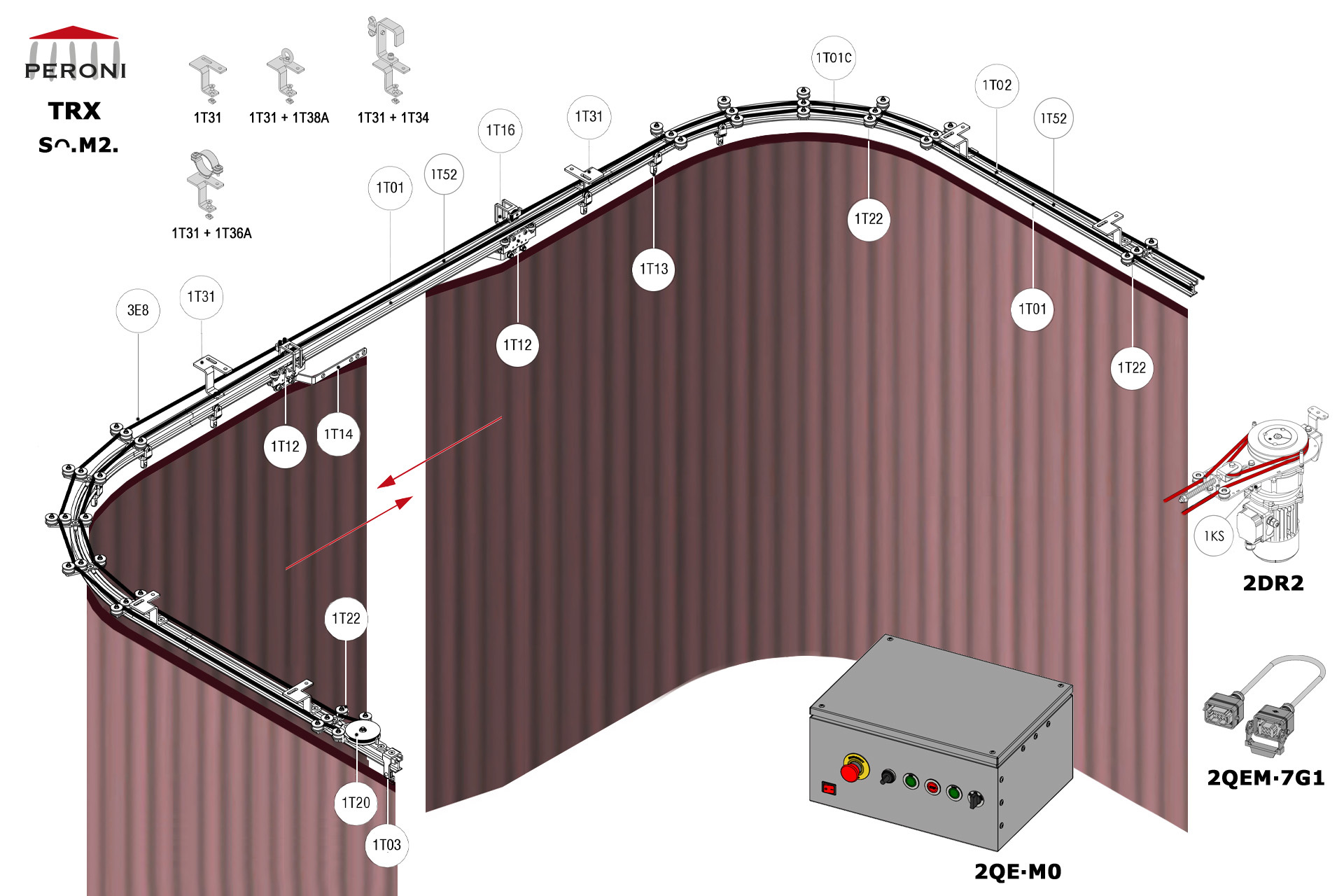 Sᴖ.M2. configuration track Sᴖ. Curved single rail central openingM2. Motorized, up to 100 kg curtainup to 50 cm central overlapComponents1T01 - Straight rail1T01C - Curved rail1T02 - Connection set1T03 - End stop1KS - End stop1T12 - Top cord master carrier1T13 - 2 Wheel runner1T14 - Overlap arms kitMotion control1T20 - Horizontal pulley1T22 - Top cord guide1T23 - Double pulley cord aligner1T16 - Limit switch arm 1T12+1T52+1T531T52 + 1T53 - Limit switch 1T12+1T162DR2-RDS2QEM-7G1-152QEW - Panou de comanda W 3E - Frânghie Poly Ø 8 mm