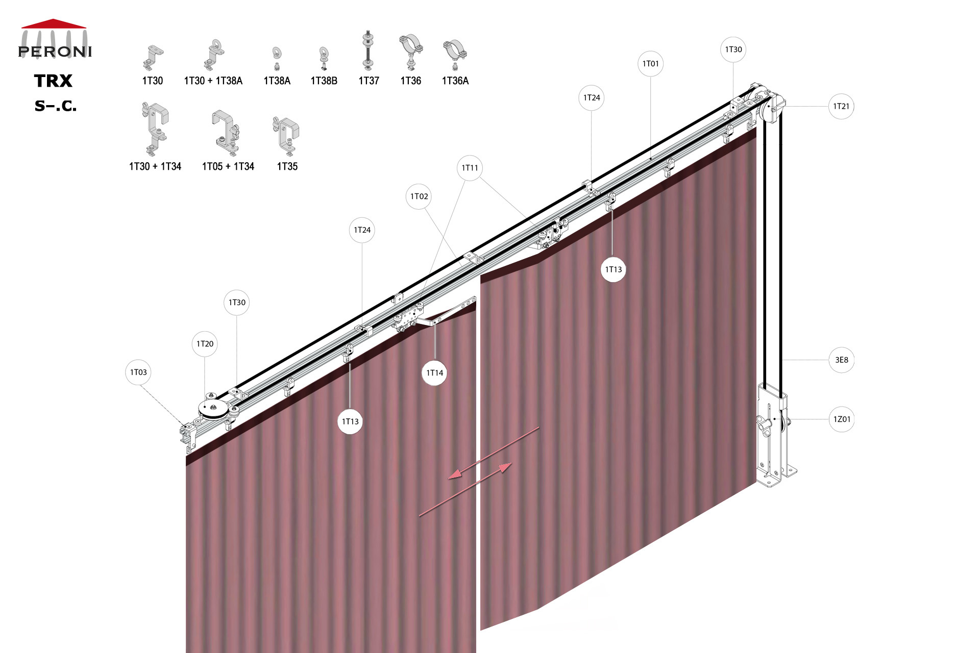 S-.C. configuration track S-. Straight single rail central openingC. Corded manualup to 50 cm central overlapComponents1T01 - Straight rail1T02 - Connection set1T03 - End stop1T11 - Side cord master carrier1T13 - 2 Wheel runner1T14 - Overlap arms kitMotion control1T20 - Horizontal pulley1T21 - Double pulley1T24 - Side cord support1Z01 - Vedeți toate opțiunile3E - Frânghie Poly Ø 8 mm