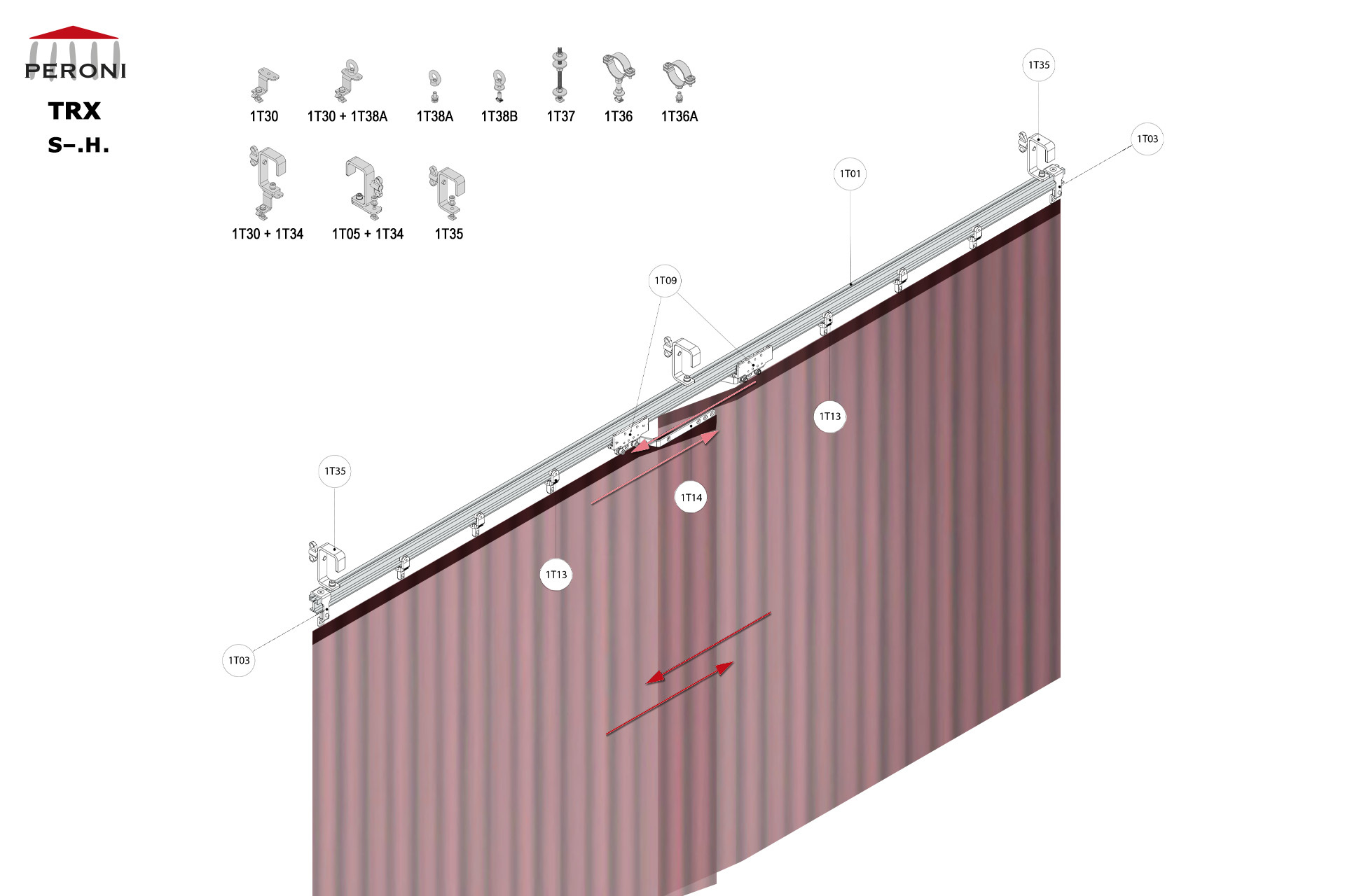 S-.H. configuration track S-. Straight single rail central openingH. Hand pulled uncorded walk-alongup to 50 cm central overlapComponents1T01 - Straight rail1T02 - Connection set1T03 - End stop1T09 - Master carrier1T13 - 2 Wheel runner1T14 - Overlap arms kit