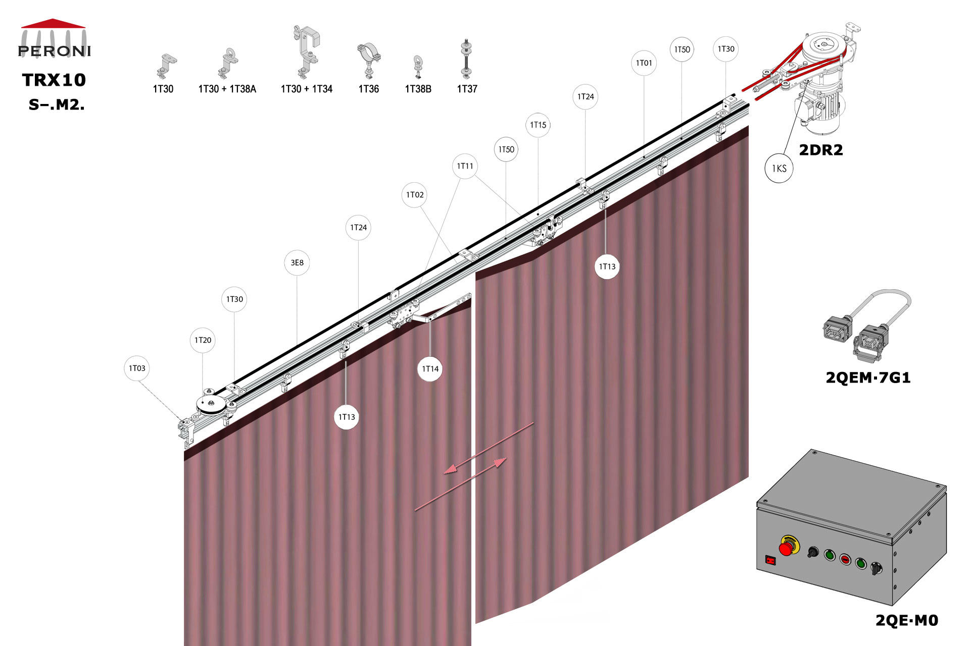 S-.M2. configuration track S-. Straight single rail central openingM2. Motorized, up to 125 kg curtainup to 50 cm central overlapComponents1T01 - Straight rail1T02 - Connection set1T03 - End stop1KS - End stop1T11 - Side cord master carrier1T13 - 2 Wheel runner1T14 - Overlap arms kitMotion control1T20 - Horizontal pulley1T24 - Side cord support1T15 - Limit switch arm for 1T11 + 1T501T50 - Limit switch for 1T11 + 1T152DR2-RDS2QEM-7G1-152QE∙M0 - Panou de comanda M0 3E - Franghie Poly Ø 8 mm
