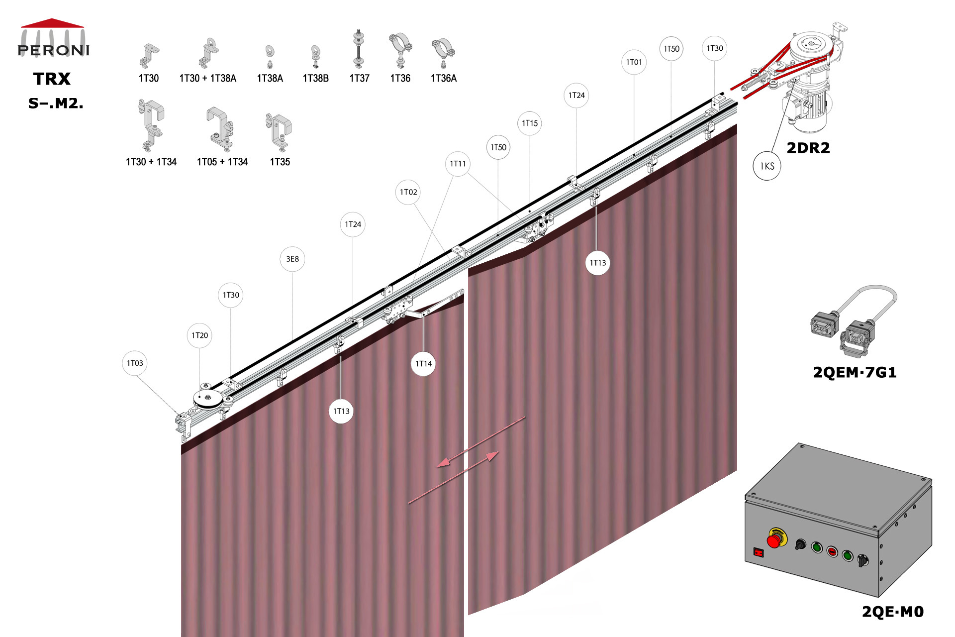 S-.M2. configuration track S-. Straight single rail central openingM2. Motorized, up to 125 kg curtainup to 50 cm central overlapComponents1T01 - Straight rail1T02 - Connection set1T03 - End stop1KS - End stop1T11 - Side cord master carrier1T13 - 2 Wheel runner1T14 - Overlap arms kitMotion control1T20 - Horizontal pulley1T24 - Side cord support1T15 - Limit switch arm for 1T11 + 1T501T50 - Limit switch for 1T11 + 1T152DR2-RDS2QEM-7G1-152QEW - Panou de comanda W 3E - Frânghie Poly Ø 8 mm