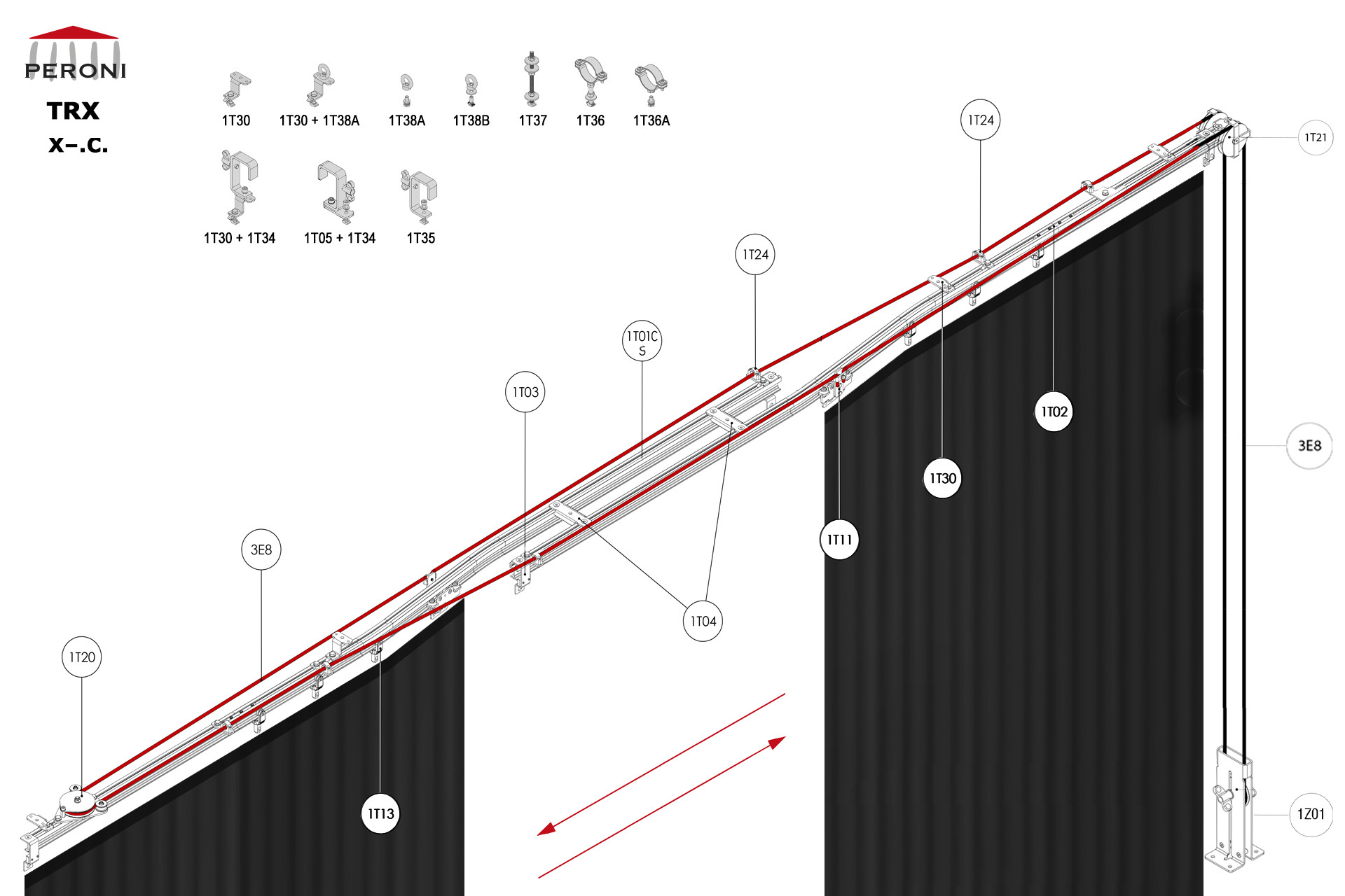 X.C. configuration track X. Straight split single rail central op.C. Corded manualup to 100 cm central overlapComponents1T01 - Straight rail1T01C-S - Curved rail for splitting1T02 - Connection set1T03 - End stop1T04 - Overlap bridge1T11 - Side cord master carrier1T13 - 2 Wheel runnerMotion control1T20 - Return pulley1T21 - Head double pulley1T24 - Side cord support1Z01 - See all options3E - Frânghie Poly Ø 8 mm