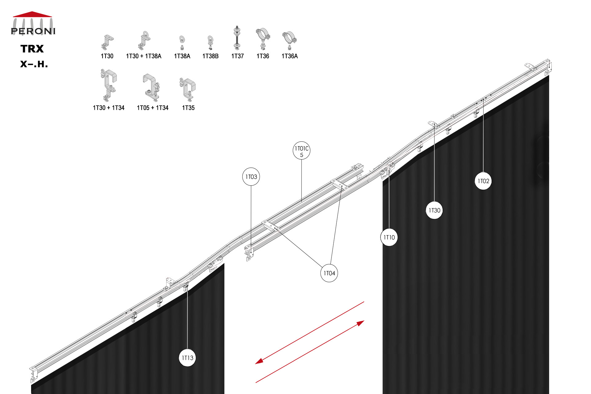 X-.H. configuration track X-. Straight split single rail central op.H. Hand pulled uncorded walk-alongup to 100 cm central overlapComponents1T01 - Straight rail1T01C-S - Curved rail for splitting1T02 - Connection set1T03 - End stop1T04 - Overlap bridge1T10 - Master carrier1T13 - 2 Wheel runner