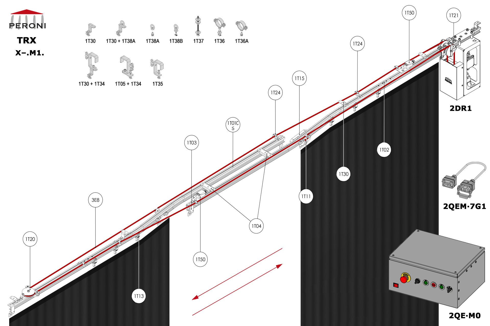 X-.M1. configuration track X-. Straight split single rail central op.M1. Motorized, up to 300 kg curtainup to 100 cm central overlapComponents1T01 - Straight rail1T01C-S - Curved rail for splitting1T02 - Connection set1T03 - End stop1T04 - Overlap bridge1T11 - Side cord master carrier1T13 - 2 Wheel runnerMotion control1T20 - Horizontal pulley1T21 - Double pulley1T24 - Side cord support1T15 - Limit switch arm for 1T11 + 1T501T50 - Limit switch for 1T11 + 1T152DR1-RDS2QEM-7G1-152QEW - Panou de comanda W 3E - Frânghie Poly Ø 8 mm