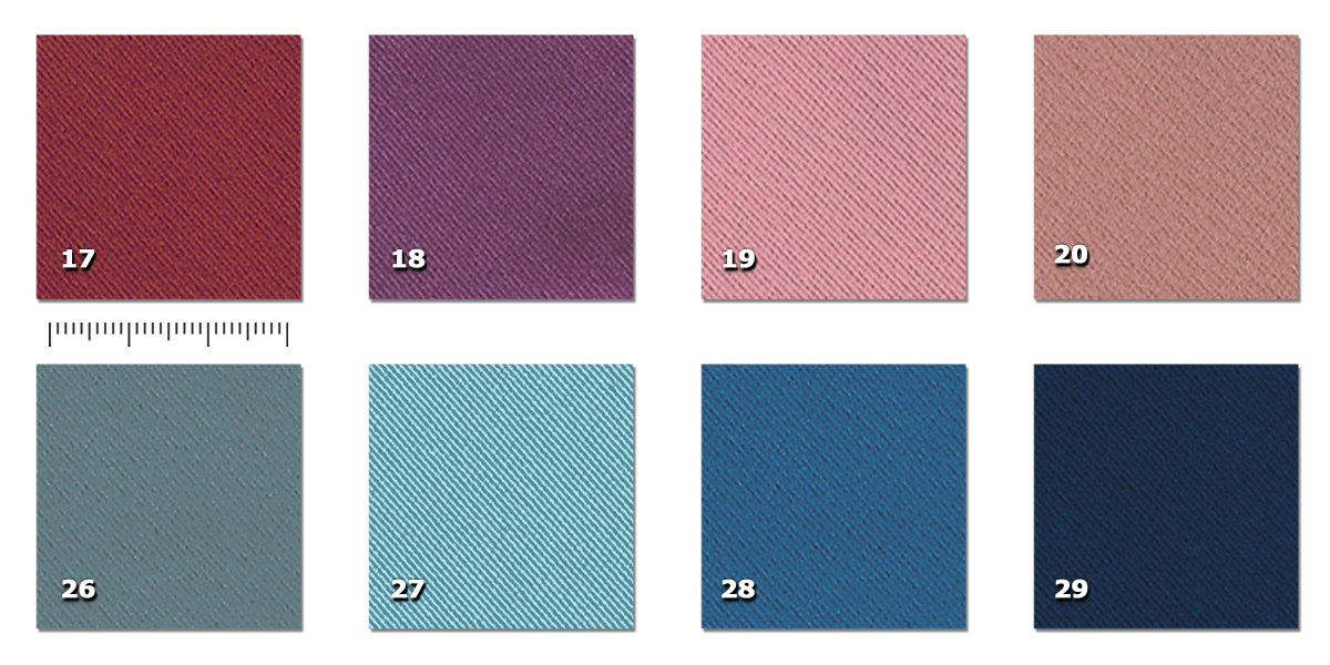 HSS - Shelter 17. caramiziu*18. violet*19. roz*20. roz închis*26. gri - albastru deschis27. albastru bleu ciel*28. albastru*29. albastru închis* comandă minimă ± 30 m