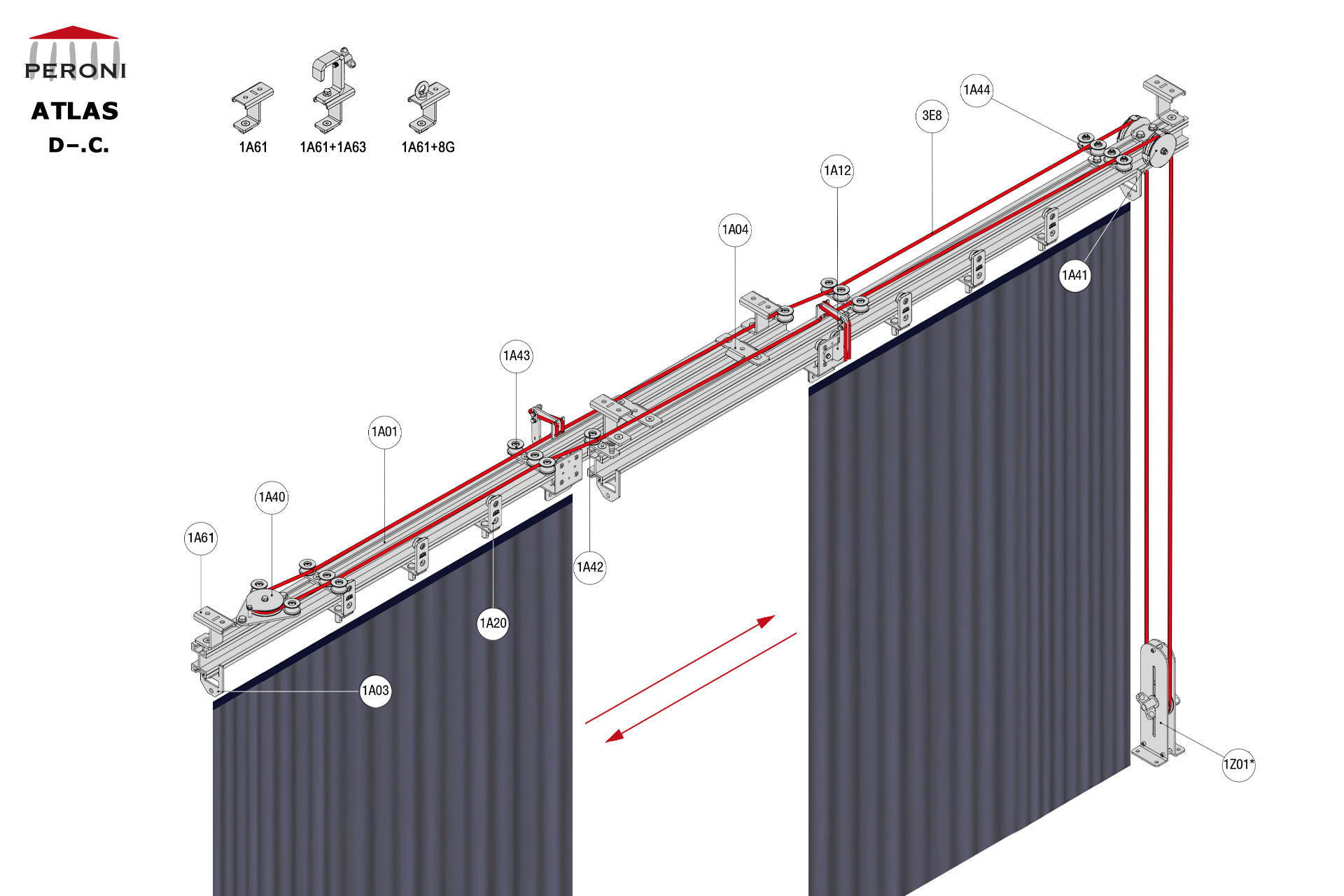 D.C. configuration track D. Straight double rail central openingC. Corded manualcentral overlap exceeding 50 cmComponents1A01 - Straight rail1A02 - Connection set1A03 - End stop1A04 - Overlap bridge1A12 - Top cord master carrier1A20 - 2 Wheel runnerMotion control1A40 - Return pulley1A41 - Head double pulley1A42 - Top cord guide for overlap1A43 - Top cord guide1A44 - Top cord aligner1Z01 - See all options3E - Poly rope  8 mm