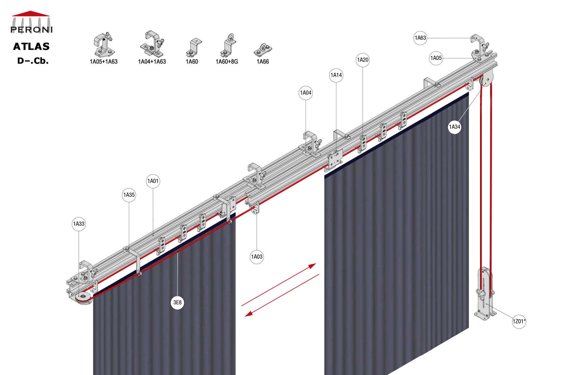 D.Cb. configuration track D. Straight double rail central openingCb. Bottom corded manualcentral overlap exceeding 50 cmComponents1A01 - Straight rail1A02 - Connection set1A03 - End stop1A04 - Overlap bridge1A05 - Offset fixing plate1A14 - Bottom cord master carrier1A20 - 2 Wheel runnerMotion control1A33 - Offset return pulley1A34 - Head double pulley1A35 - Bottom cord support1Z01 - See all options3E - Poly rope  8 mm